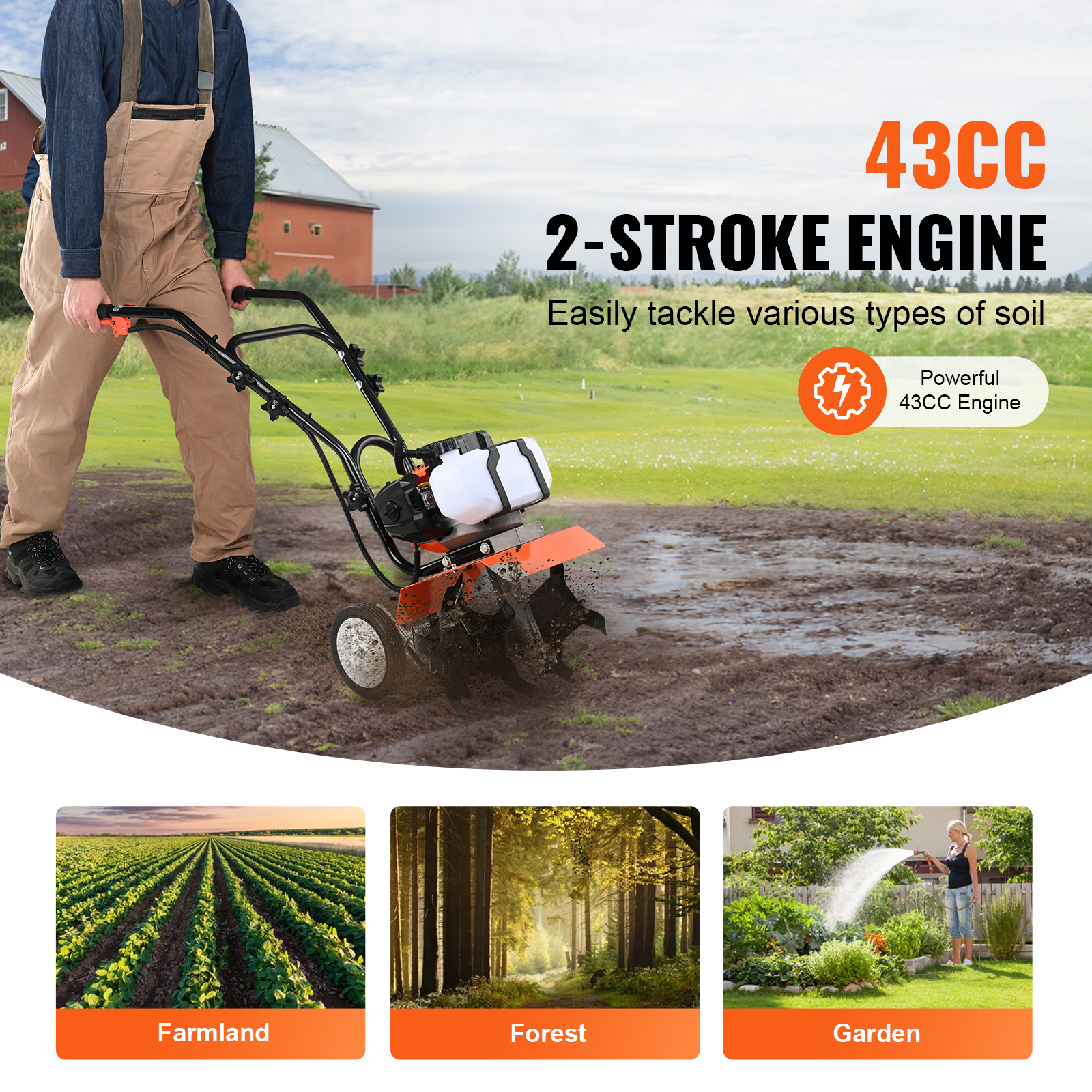 Motoculteur à essence SucceBuy 2 temps 43CC,4 dents réglables en acier pour la culture du sol de pelouse,jardin et champs,durable et polyvalent - 4