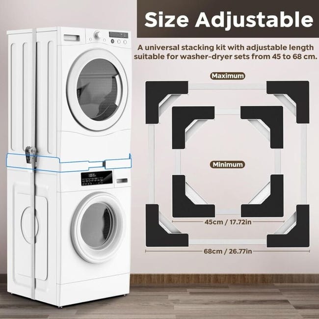 Kit Superposition Universel Lave-Linge Sèche-Linge - Support Réglable 48-69cm Avec Sangle à Cliquet - Gain De Place & Sécurité