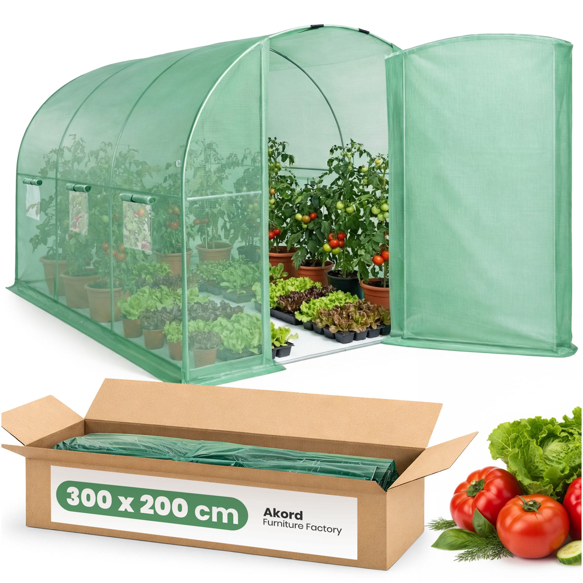 Tunel foliowy ogrodowy szklarnia z metalowymi drzwiami AKORD 6 okien Zielony 200x300x200 cm