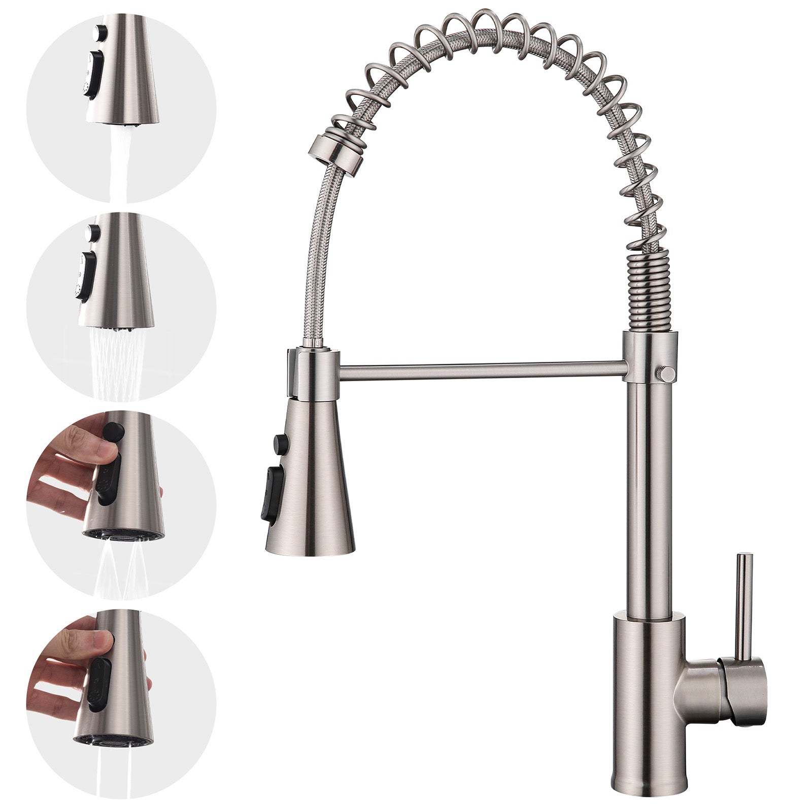 Bateria Kuchenna Szczotkowana ze Sprężyną i Słuchawką, Obrót 360° ze Stali Nierdzewnej, 4 Tryby Strumienia