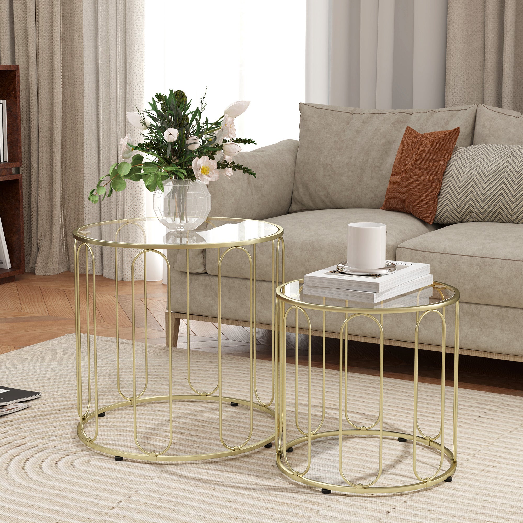 Lot de 2 tables basses gigognes rondes modernes avec cadre en métal et plateau en verre trempé, ton doré - 3