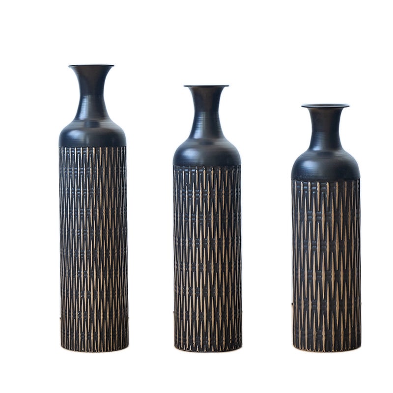 Lot de 3 Grands Vases de Sol Cache-Pot Industriel Rainuré 50/66/83 cm Métal Noir - 7