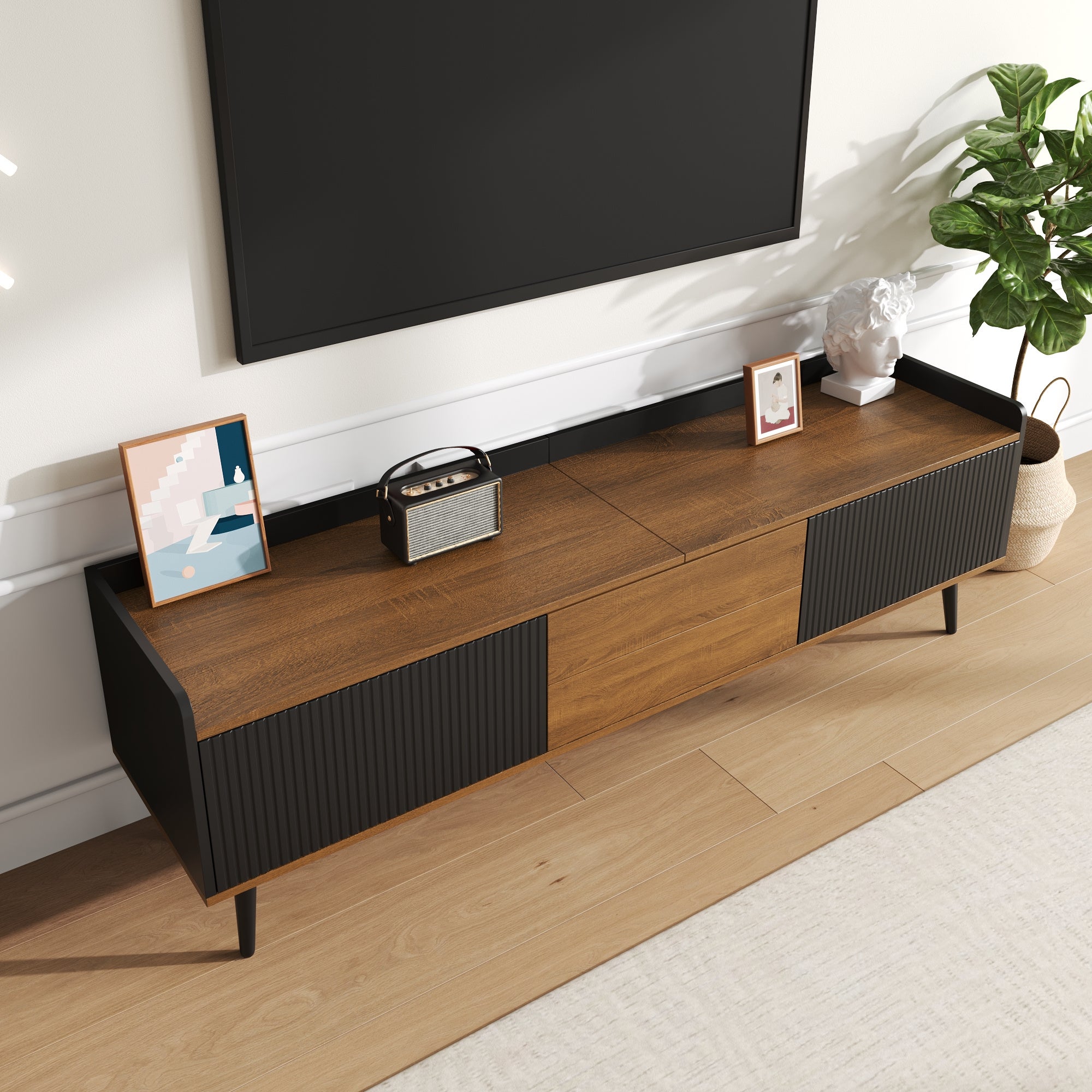 Meuble TV, meuble bas trois portes. Construction compacte. Finitions noir et bois naturel, 49.5*160* 39cm - 3