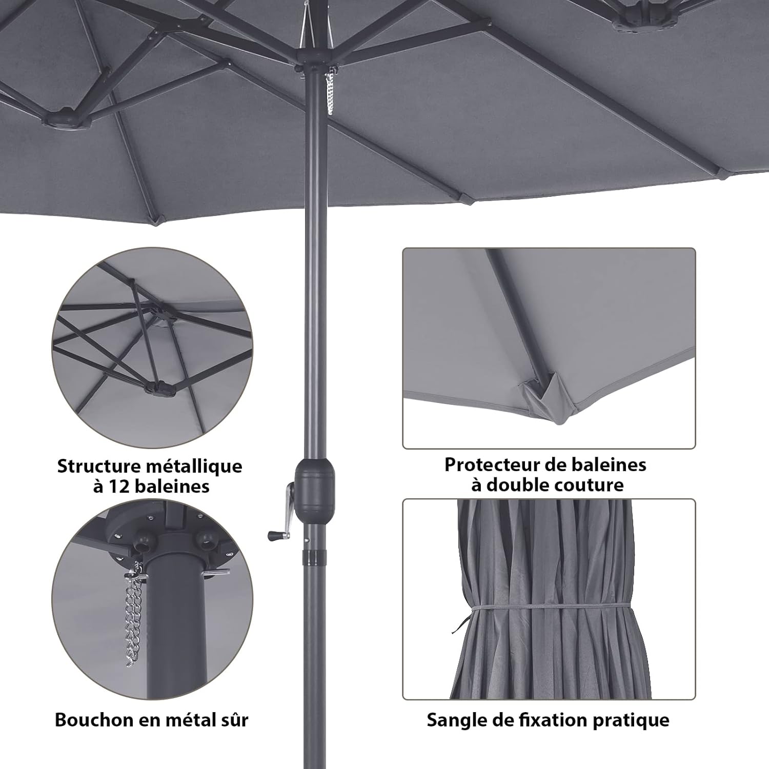 Parasol de Jardin Exterieur 4,7M Grand Parasol Manivelle, 12 Baleines, Poteau Φ48MM, Résistant aux UV, Parasol Double Face Base Non Incluse, Gris - 7