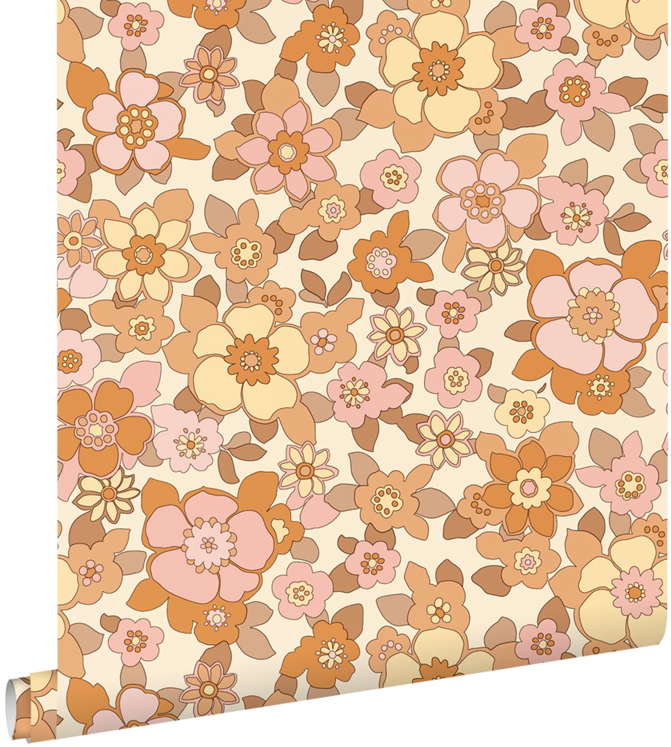 Tapeta retro kwiaty pomarańczowymIróżowym - 50 x 900 cm - ESTAHOME