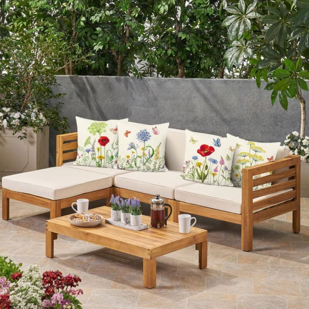 Federe Cuscini Decorative Ueerdand Primavera – Set Da 4, 45x45 Cm, Cotone E Lino, Motivo Bicicletta E Farfalla - 4