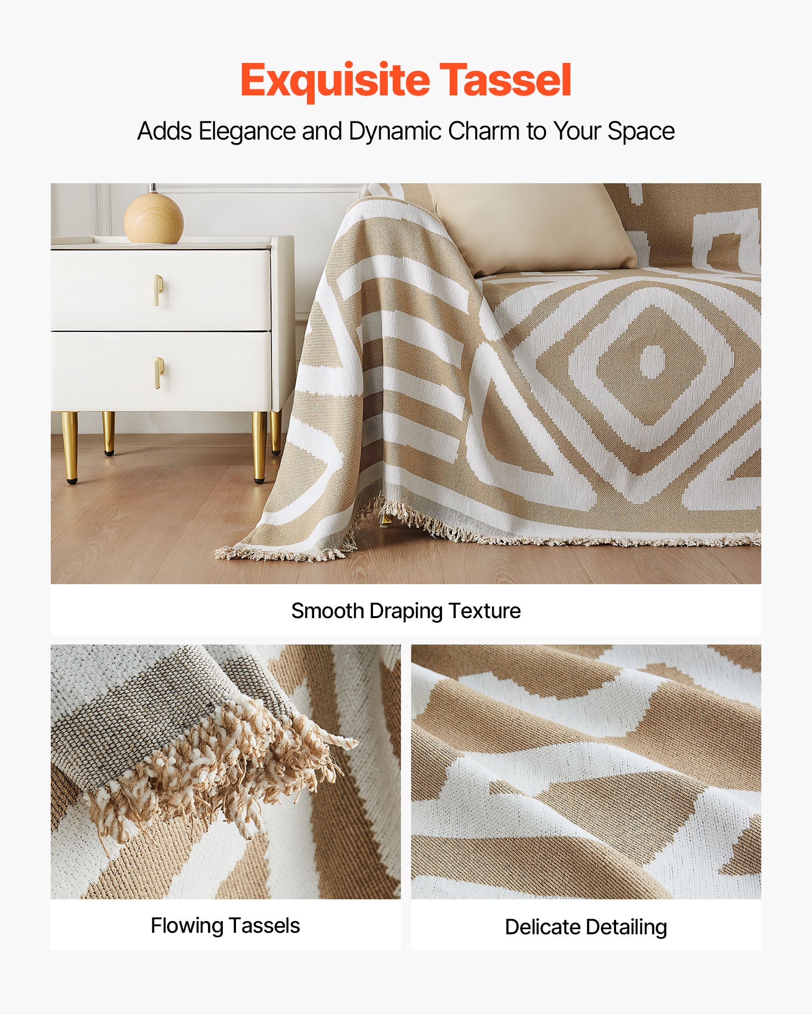 Copridivano 299 x 181 cm,VEVOR Stile Boho in Chenille Antiscivolo,Lavabile e Antigraffio,Protezione per Divano 2 Posti,Cachi - 4