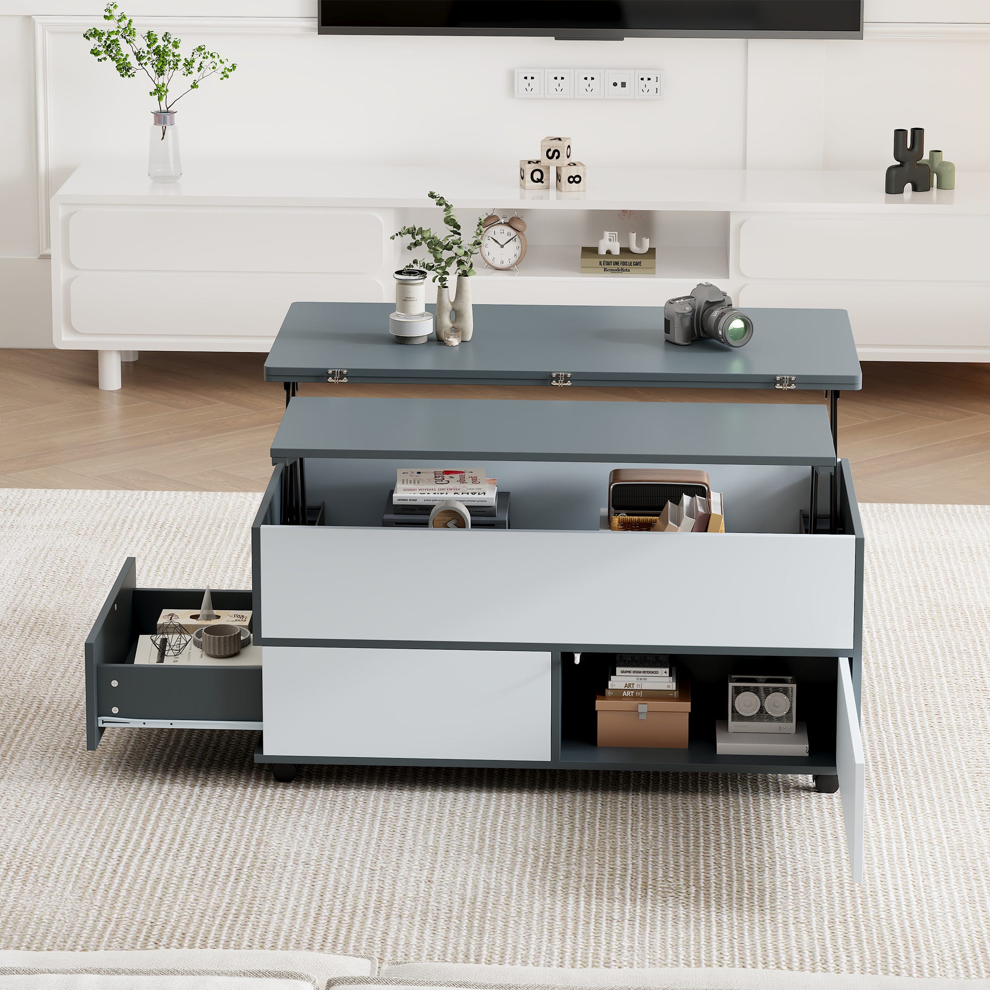 Table basse réglable 100x98x65cm - avec rangement et étagères - avec ...