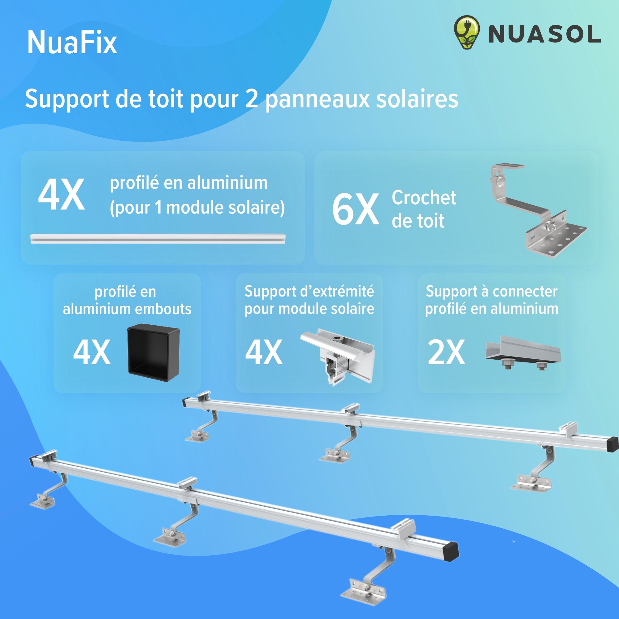 NUASOL Lot de 2 crochets de toit photovoltaïques PV pour toit de tuiles - Avec profilé solaire en aluminium, embouts de 35 mm, jusqu'à 115 cm - 4