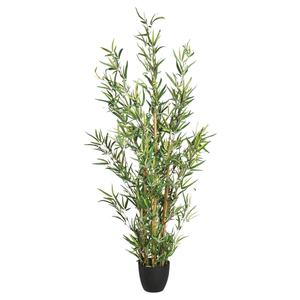 Planta artificiala bambus cu ghiveci, poliester, frunzis aerisit aspect natural, fara intretinere, 65x56x120 cm, verde