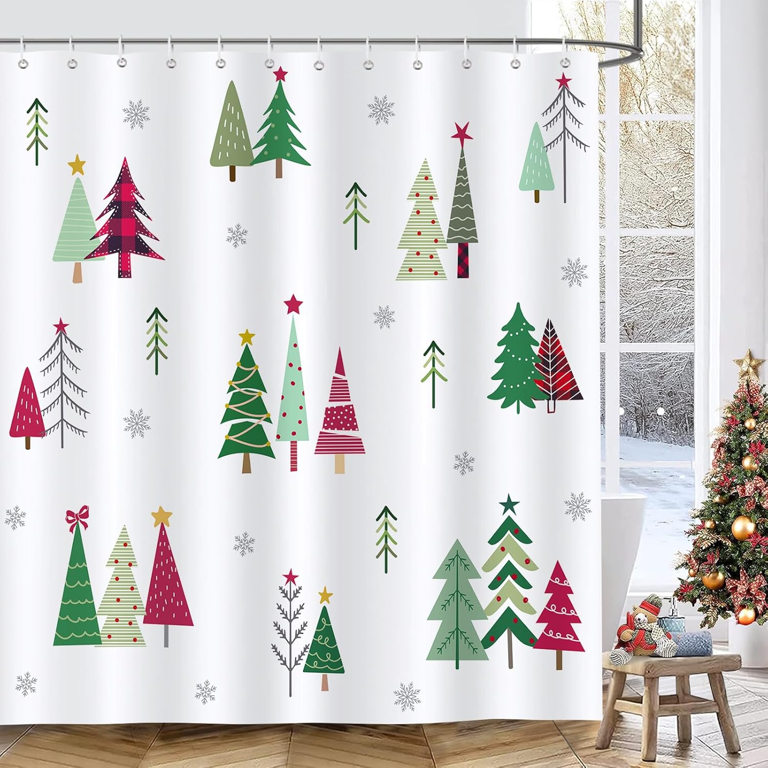 Zasłona prysznicowa z motywem choinki i płatka śniegu – wodoodporna, zmywalna, antypleśniowa – łazienka 180 x 180 cm
