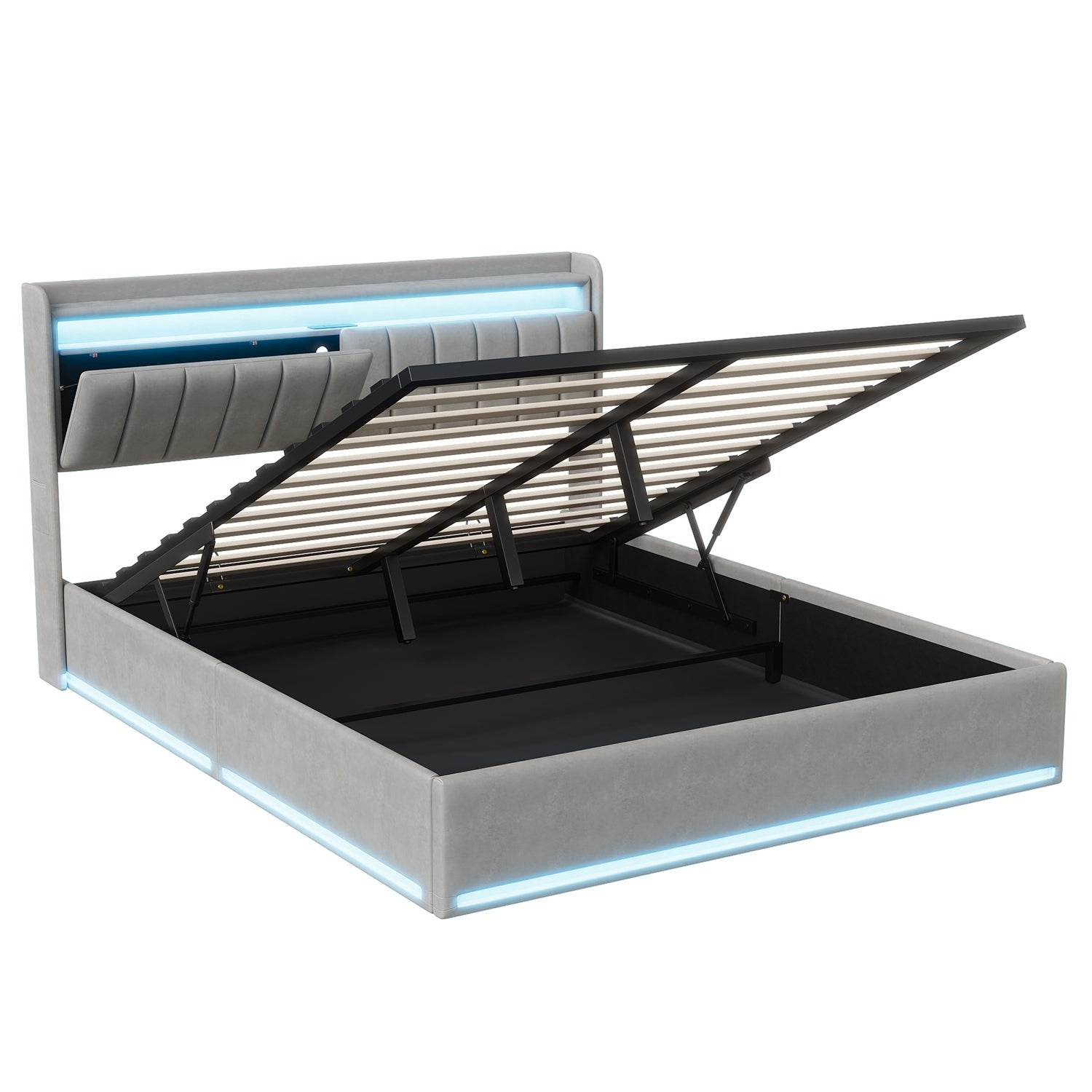 Lit 160x200cm - Lit coffre 160x200 avec sommier et tête de lit rangement - LED et port charge - velours - gris - 5