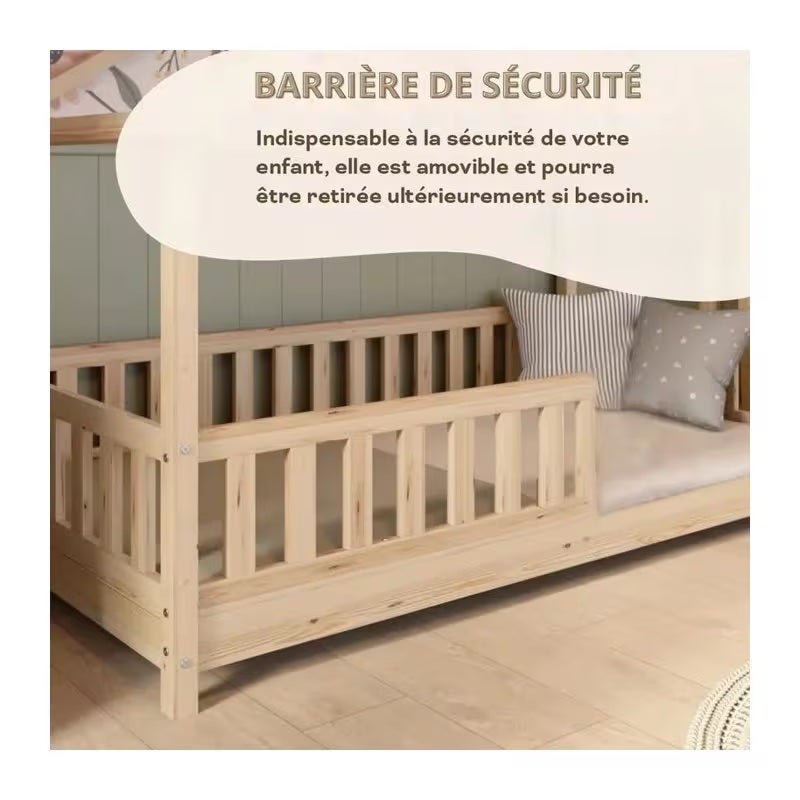 Lit cabane enfant 90x190 cm - Bois - Sommier à lattes inclus - Style Enfant - 5