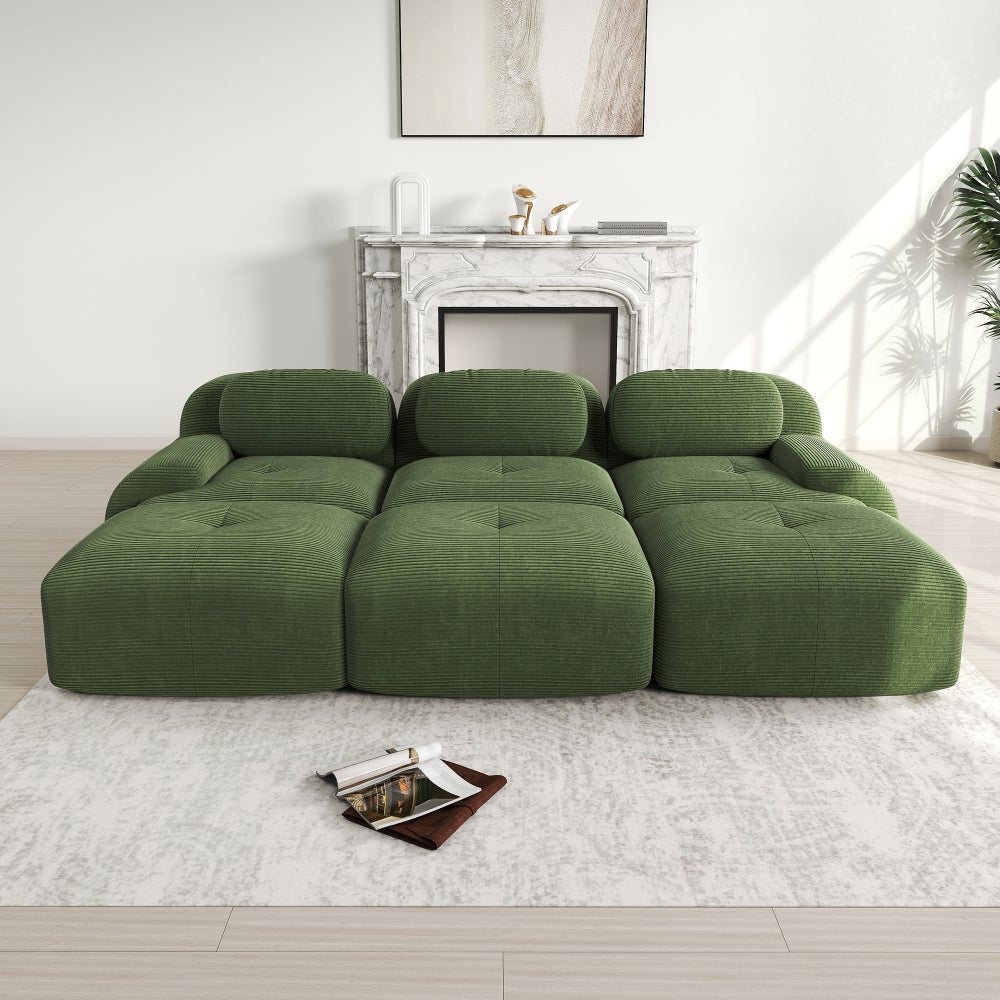 Sofa 3-osobowa modułowa, sztruksowa, z 3 hokerami, nie wymaga montażu, zielona