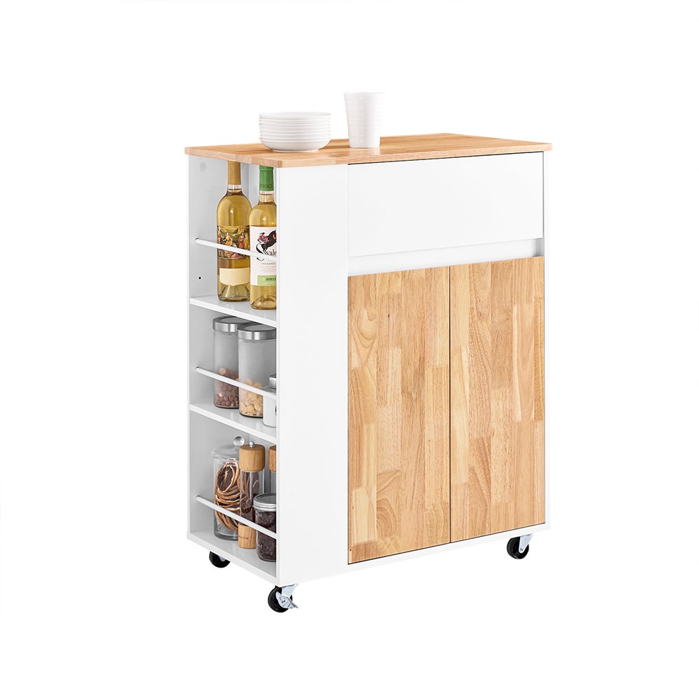 SoBuy Wózek kuchenny na kółkach – szafka kuchenna z blatem z drewna kauczukowego, 70x40x90 cm, biały, FKW132-WN