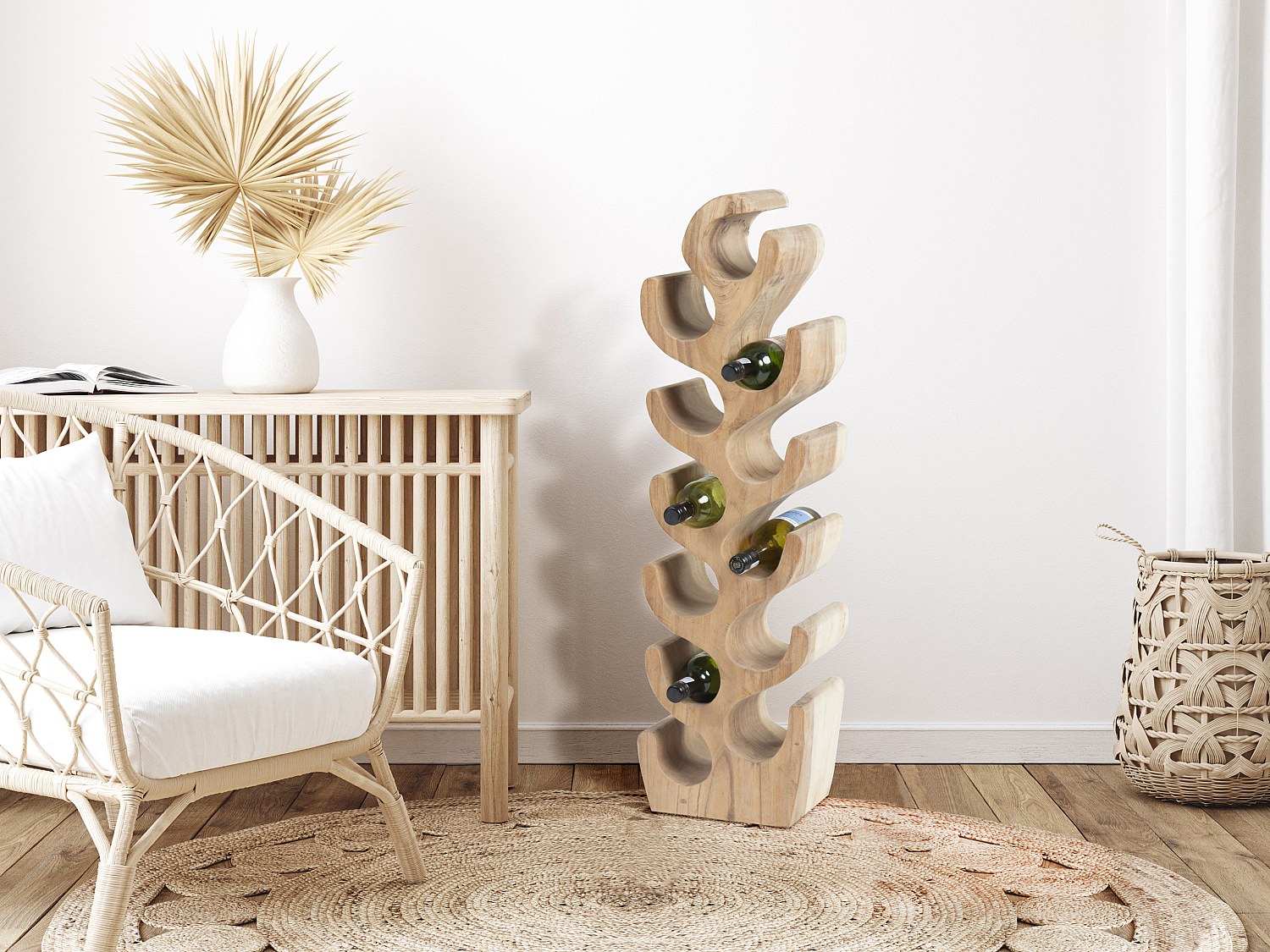 Stojak na butelki z drewna suar – 12 butelek – 28 × 19 × 100&nbsp;cm (dł. × szer. × wys.) – kolor naturalny – GUIMARAS