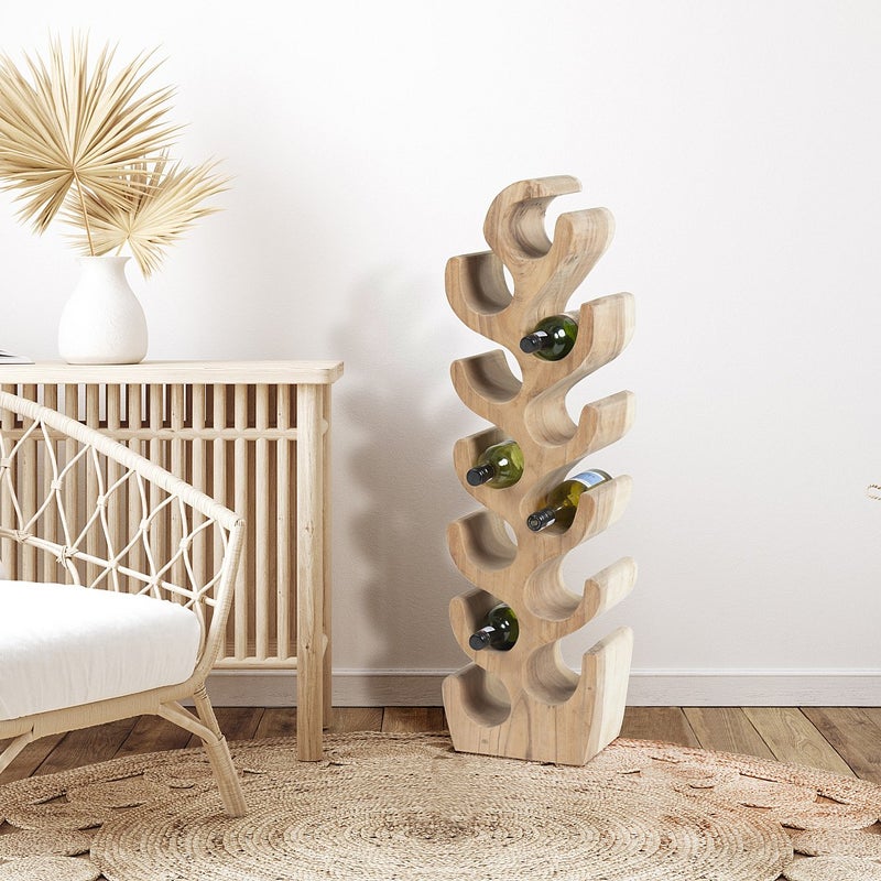 Stojak na butelki z drewna suar – 12 butelek – 28 × 19 × 100 cm (dł. × szer. × wys.) – kolor naturalny – GUIMARAS