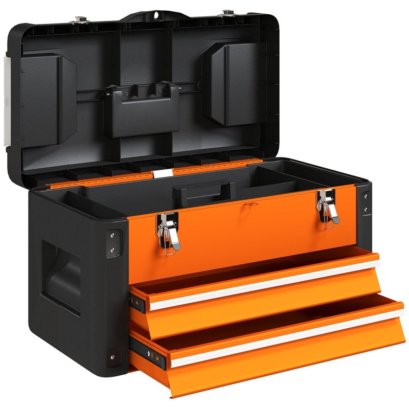 Cutie de scule portocalie deschisă cu sertar și compartiment superior, 49.7x25.3x28.9 cm, pentru organizarea funcțională a spațiului de acasă