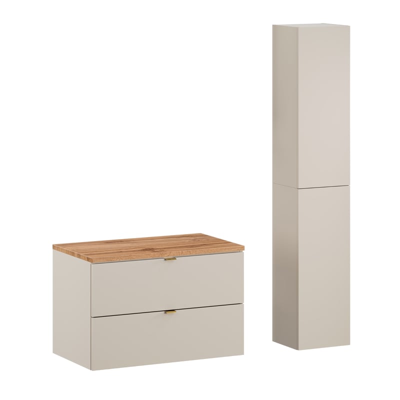 Kaszmirowy komplet łazienkowy Dalia Cashmere szafka 80 cm z blatem dąb Wotan i 2 słupki MDF