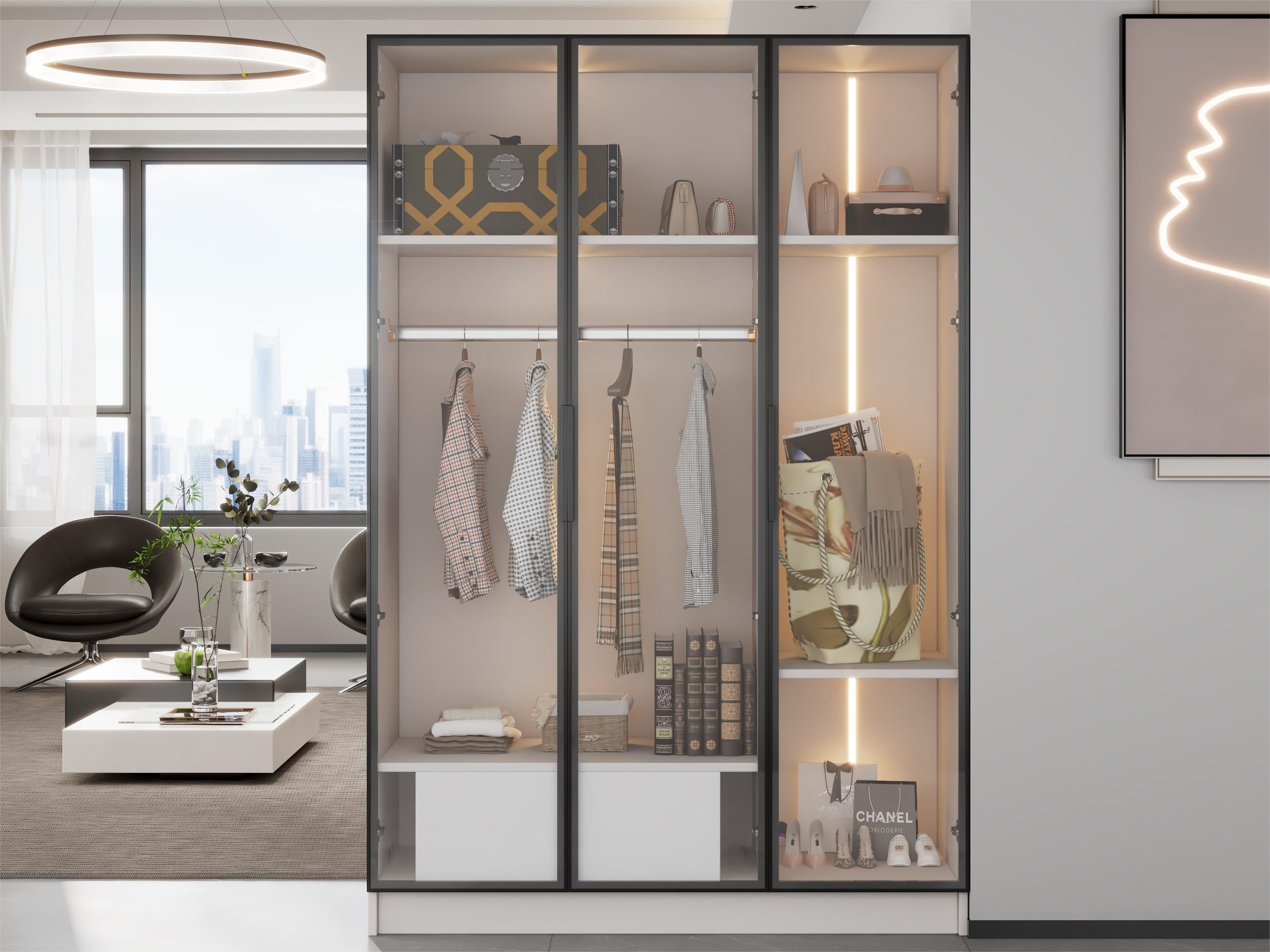 Modernluxe  Vitrina H 160 Cm Con Luz Led, 3 Puertas De Cristal Y 1 Cajón, Blanco , Leroy Merlin