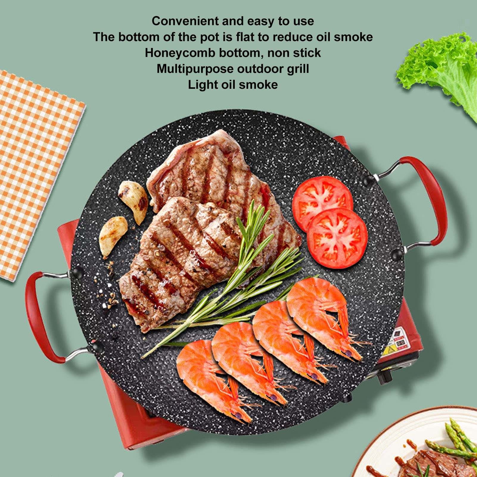 Padella Per Barbecue Coreana Antiaderente 32 Cm – Piastra Rotonda Multiuso Per Grigliate In Casa E Campeggio, Con Doppi Manici - 3