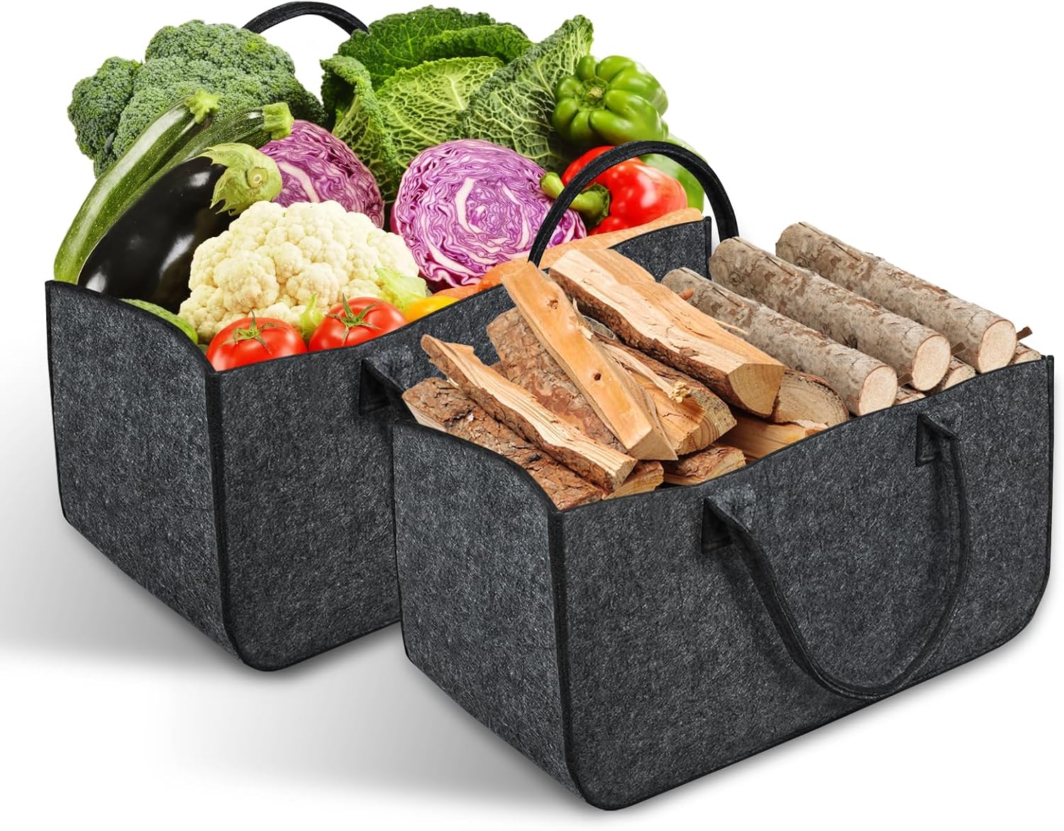 2-częściowa torba filcowa, duży składany kosz na drewno opałowe ze wzmocnionym uchwytem, ciemnoszary