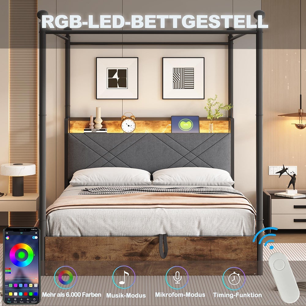 Łóżko skrzyniowe z żelaza 140 × 190 cm, z hydrauliczną regulacją wysokości, zdejmowanymi nogami, oświetleniem LED i portami USB/Type-C, czarne