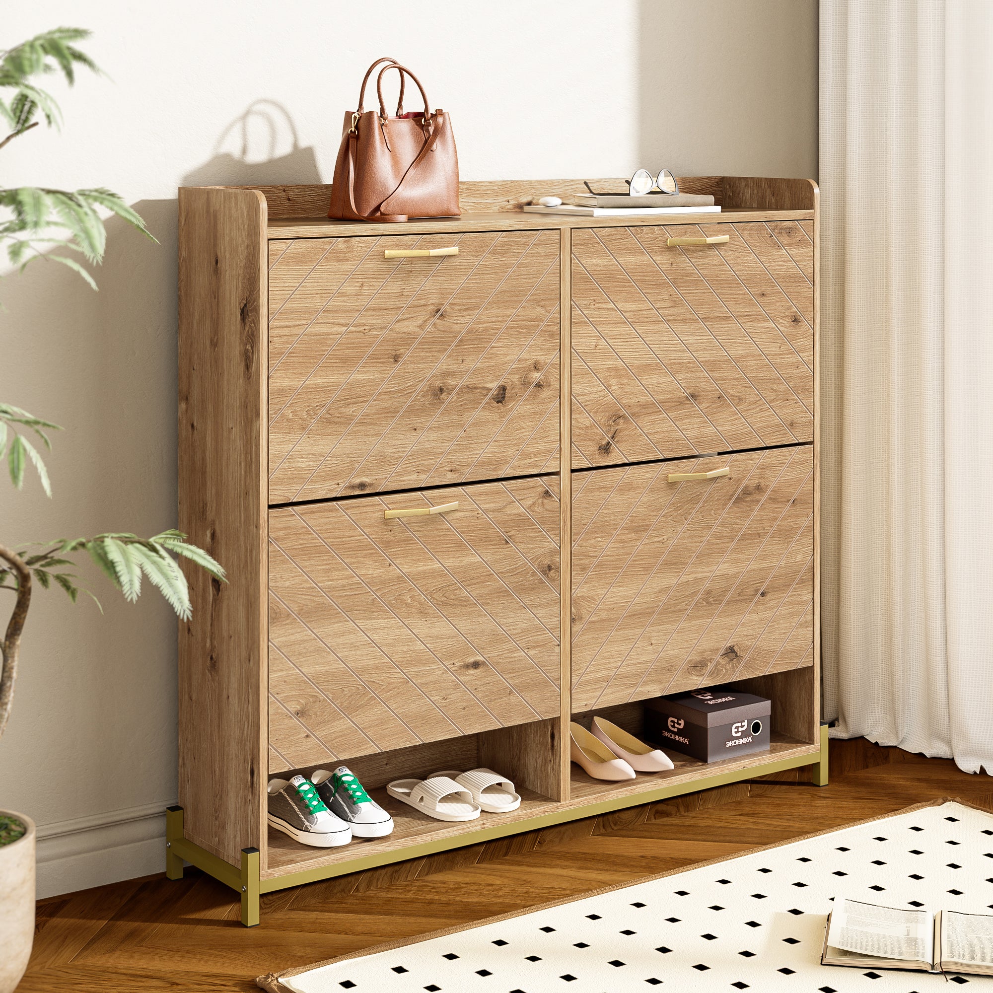 Meuble à chaussures avec 4 portes et 2 compartiments - 105 x 24 x 100 cm - Bois MDF - Coloris bois - 7