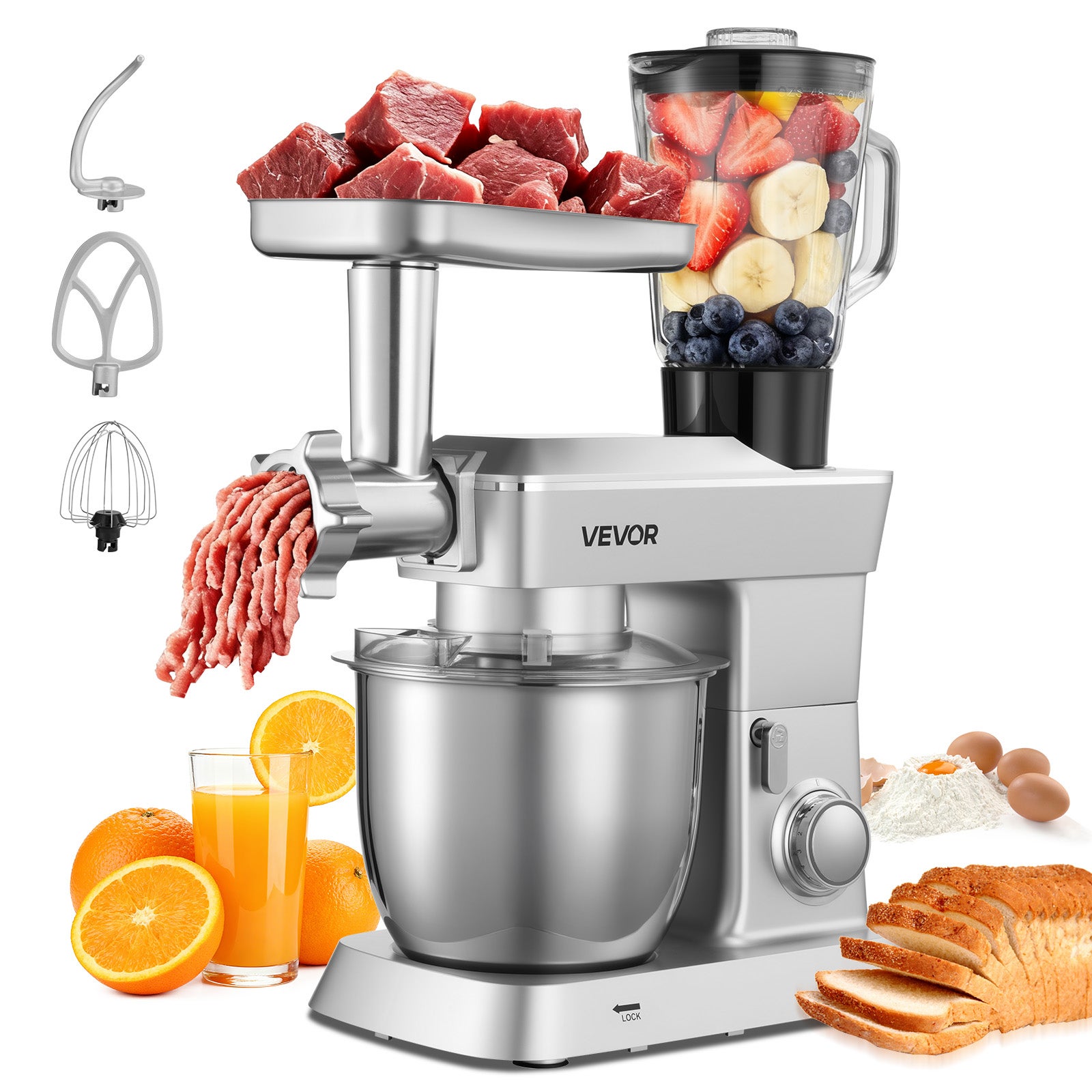 Robot kuchenny planetarny 1300 W 4,3 L 5 w 1 z blenderem i maszynką do mięsa do pieczenia i gotowania