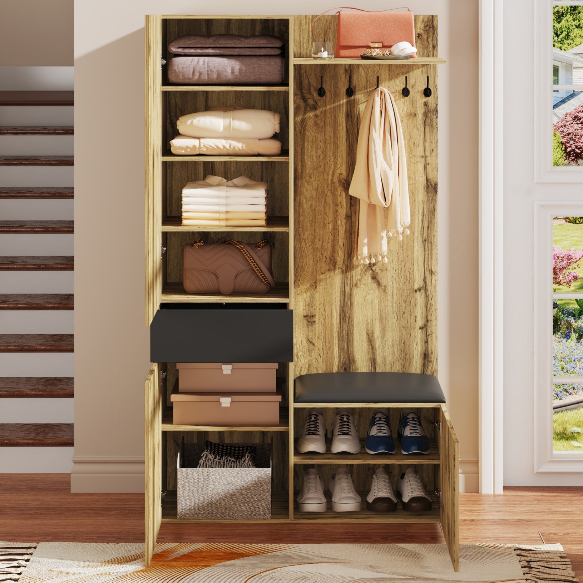 Ensemble meuble à chaussures avec banc + miroir + porte-manteau - 98,5 L x 38 l x 191 H cm - 3 portes et 1 tiroir - MDF - Naturel + noir - 4