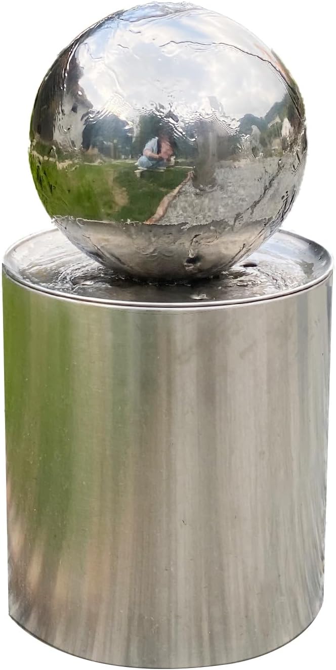 Fontanna kulista Köhko® Ø25 cm ze LED na cylindrycznym wiadrze ze stali nierdzewnej H30 cm Fontanna ogrodowa z polerowanej stali nierdzewnej