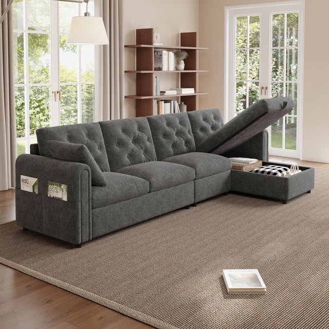 Canapé d’angle en velours gris 281 x 86 x 71 cm, avec coffre, angle réversible et poches de rangement