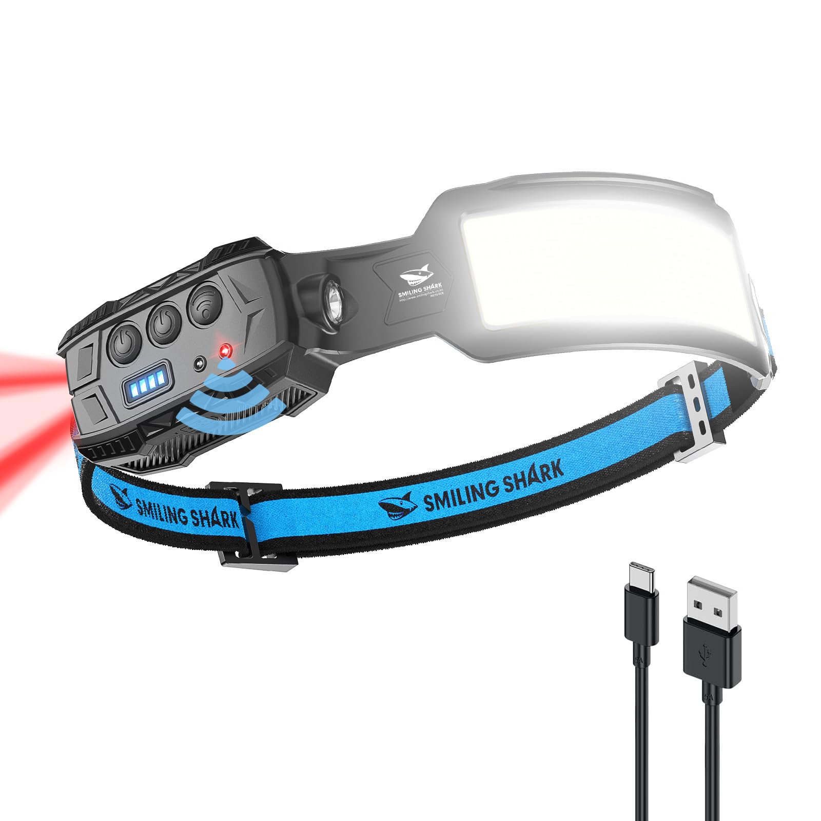 Czołowa lampa LED USB z możliwością ładowania, 7 jasnych białych diod LED ze światłem czerwonym z tyłu do biwakowania, jazdy na rowerze, napraw
