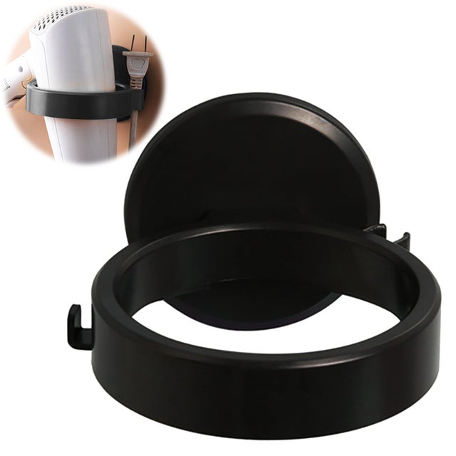 Support sèche-cheveux, porte mural sans perçage autocollant, porte sèche-cheveux pour salle de bain et toilettes, support de sèche-cheveux — Noir