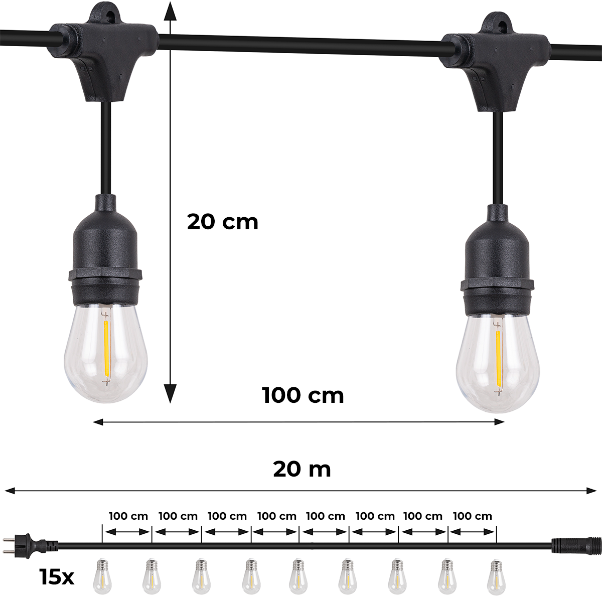 Girlanda świetlna LED ogrodowa 20 żarówek E27 Filament Oświetlenie zewnętrzne 15m Czarne Wodoodporne lampki - LEDHOFF - 9