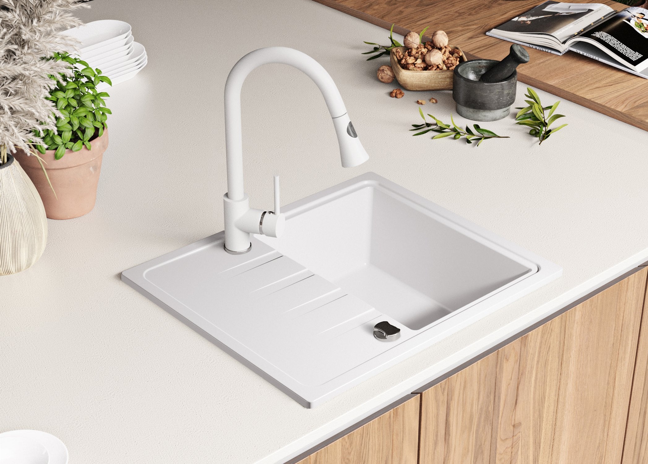 Evier Cuisine en Granit Blanc 62x50cm, Lavabo 1 bac + Kit de Vidage, Évier à Encastrer au meuble 40cm - Milan PRIMAGRAN - 8