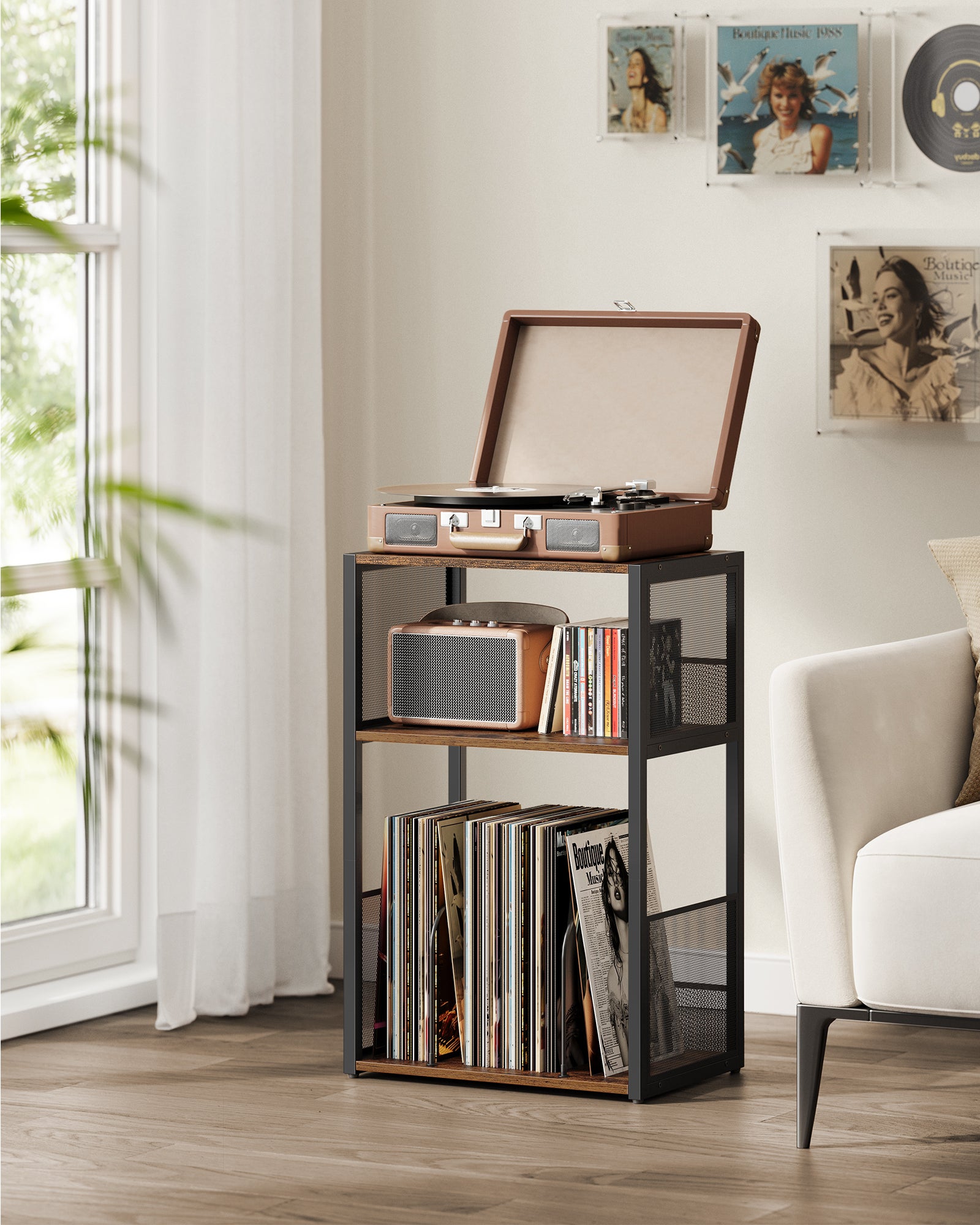 Semiocthome Supporto per giradischi con cassetta portaoggetti in vinile a incastro, tavolo per giradischi con cassetto e gambe in legno massello, tavolino laterale per giradischi per soggiorno camera