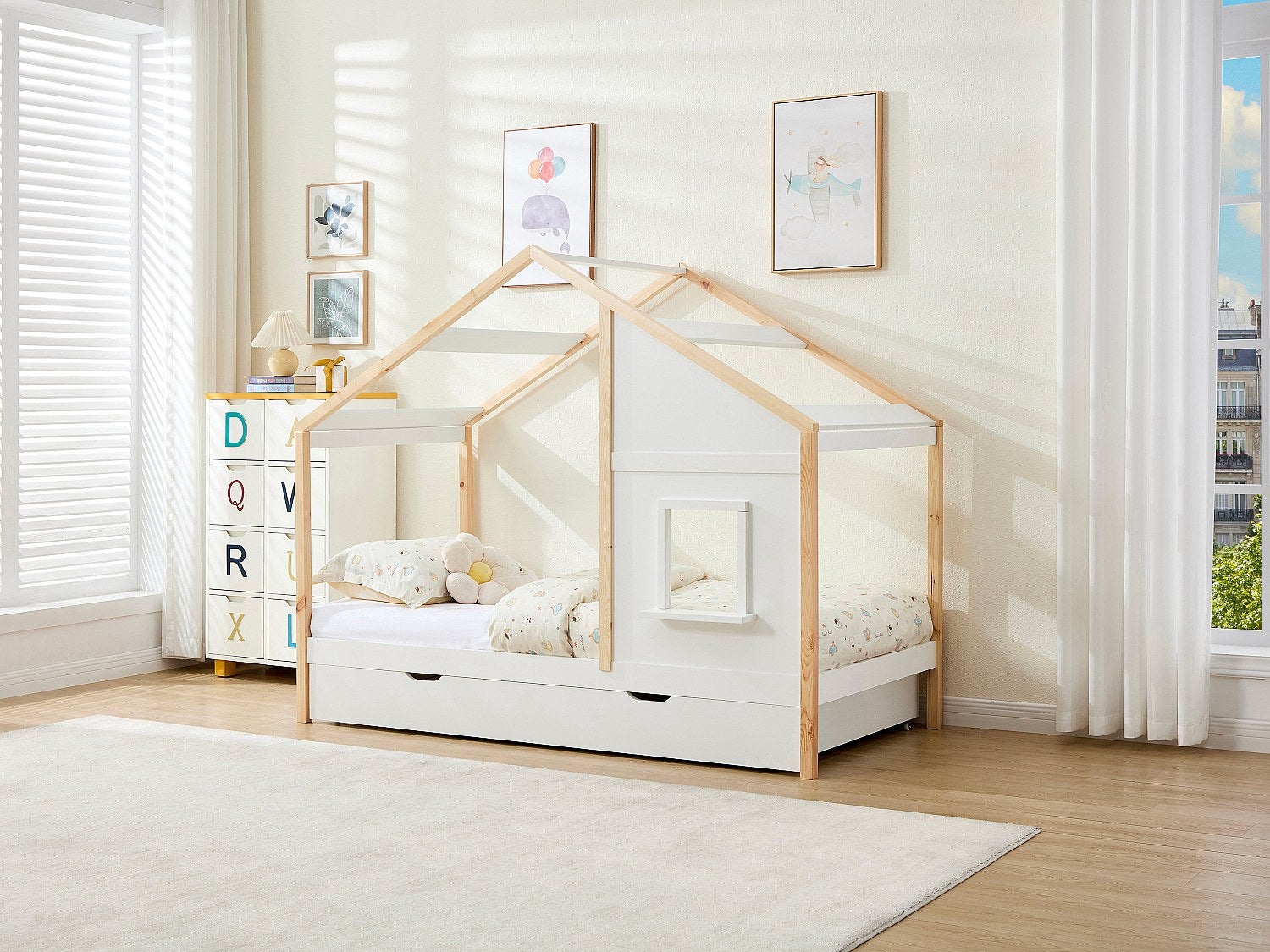 Łóżko domek 90 x 190 cm z szufladą - Sosna i MDF - Kolor: Biały i naturalny - RINELYA