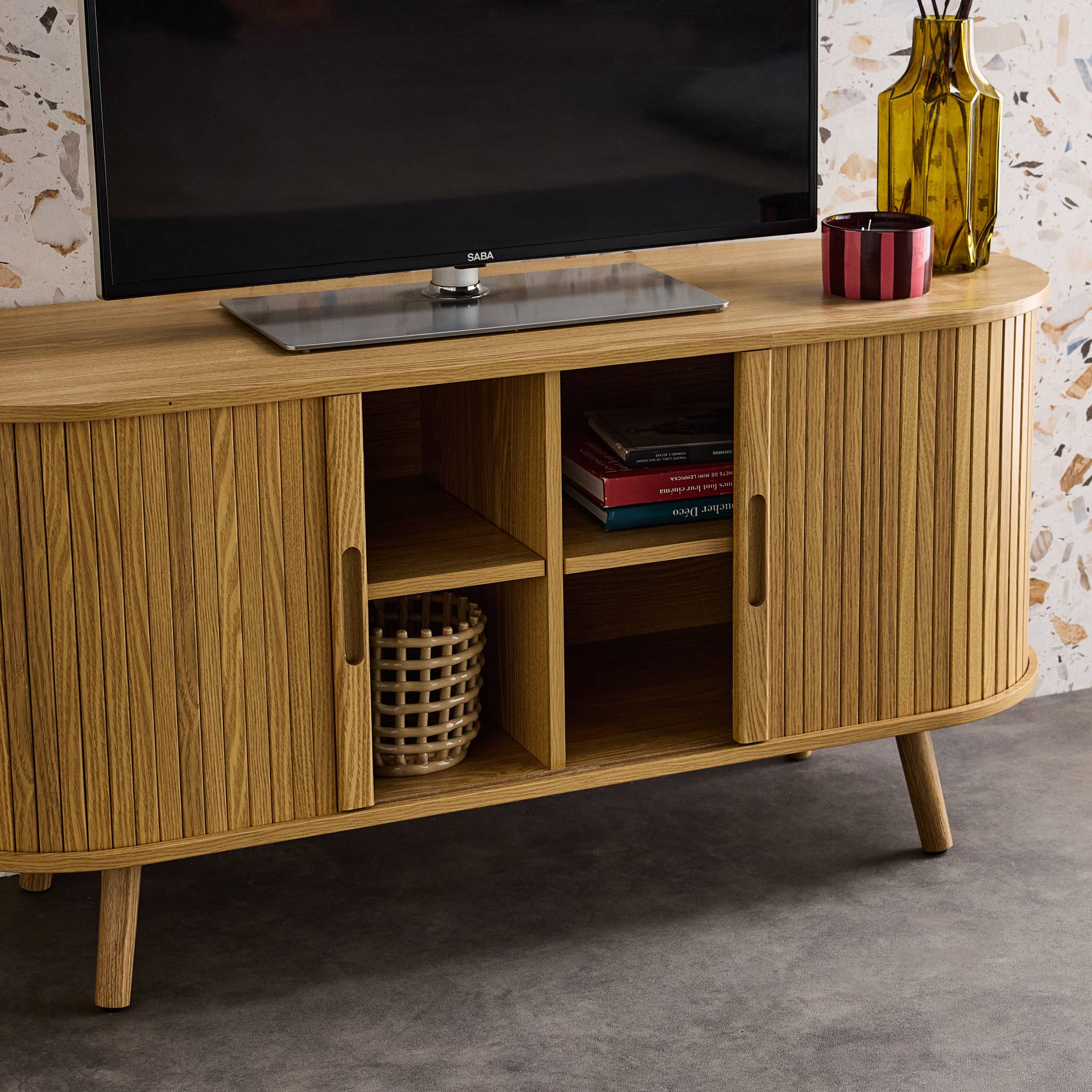 Meuble TV En Bois Et Bambou Tressé 120x35x45.5 Cm - Support TV Jusqu'à 55" - 2 Tiroirs, 2 Étagères, Gestion Câbles