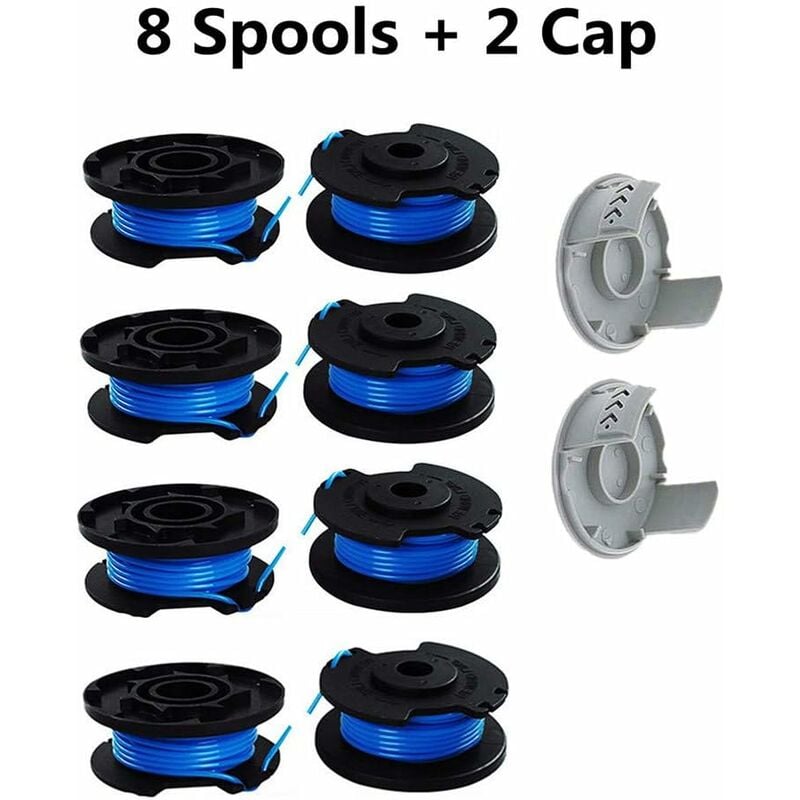 10 zapasowych szpul do kosiarek Ryobi obsługiwanych kciukiem, kompatybilnych z kosiarkami akumulatorowymi Ryobi One+ AC14RL3A, 8 szpul + 2 zatyczki