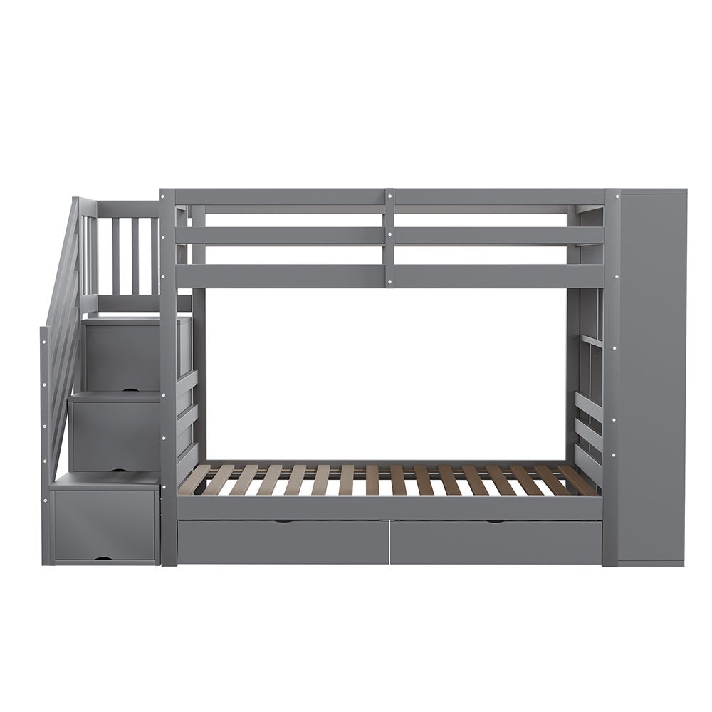 Lit superposé enfant 90x200 cm avec 2 tiroirs - Escalier de rangement - Étagères ouvertes - Barrière haute - Sommier à lattes - Gris - 5