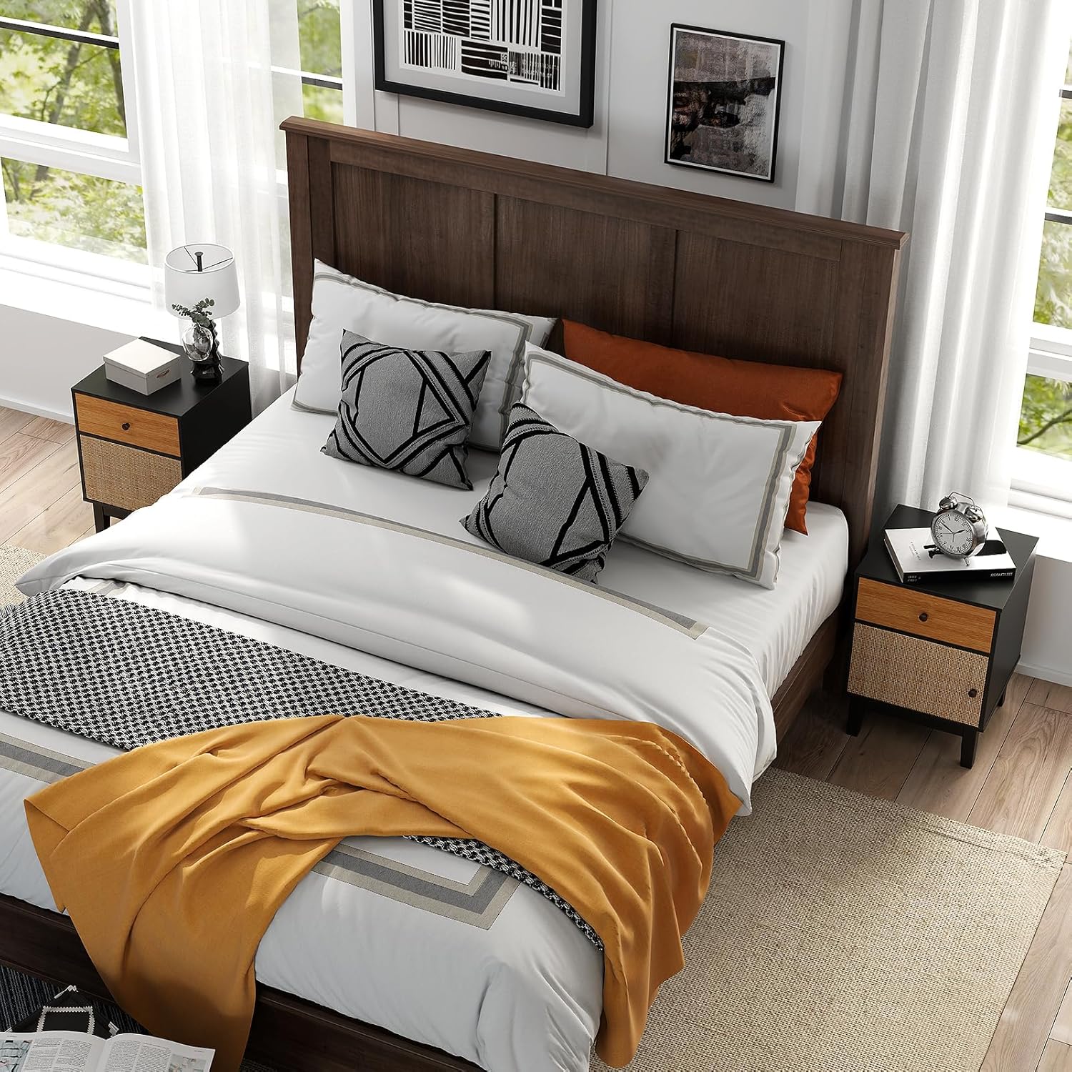 Comodino in Rattan 40 x 39 x 55 cm, Mobile Moderno con Cassetto, Armadietto e Gambe in Legno Massello, Tavolino in Stile Boemia per Camera da - 9