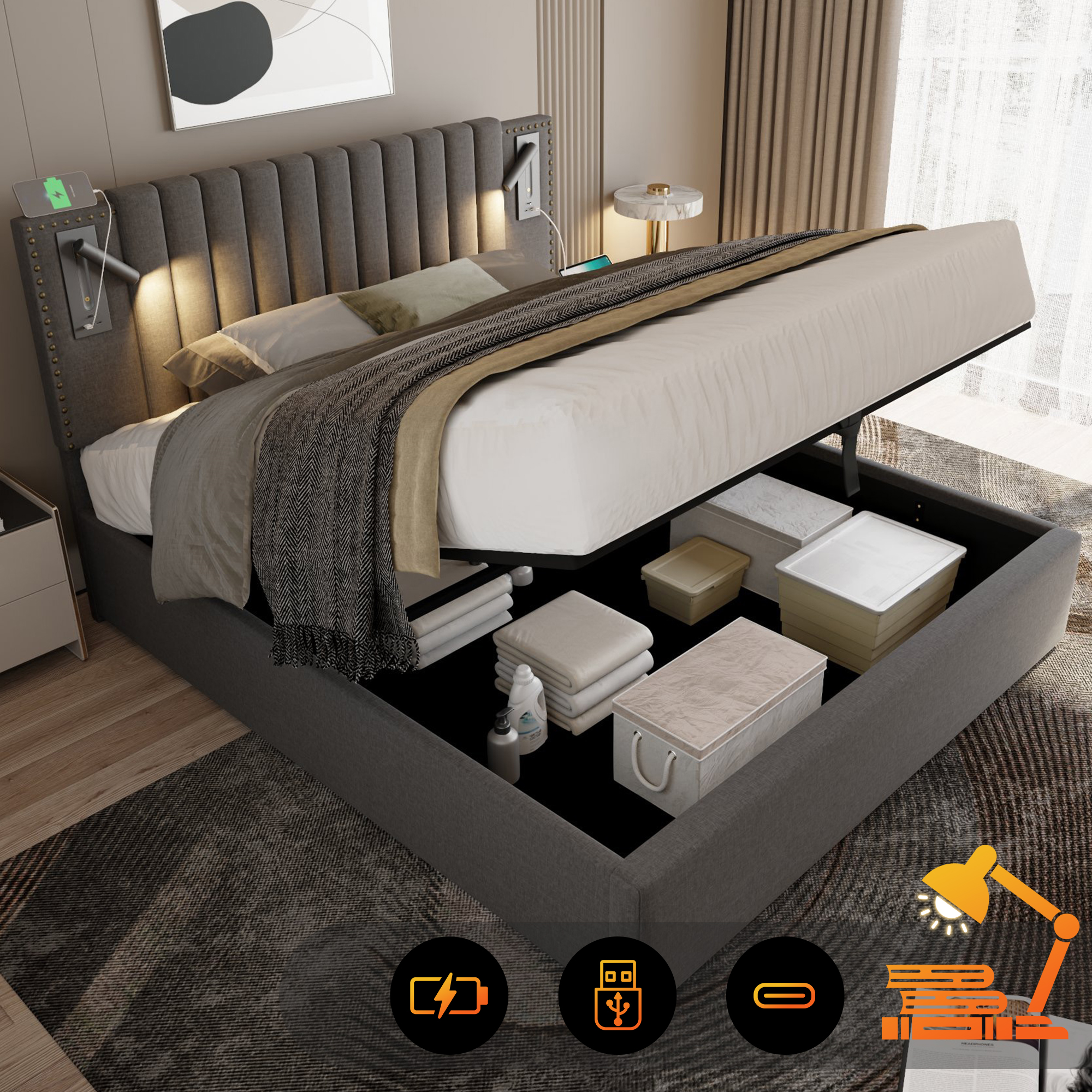 Cama contenedor de tela de algodón de 160x200 cm - con luces de lectura y puertos de carga USB - con somier - Gris - 2