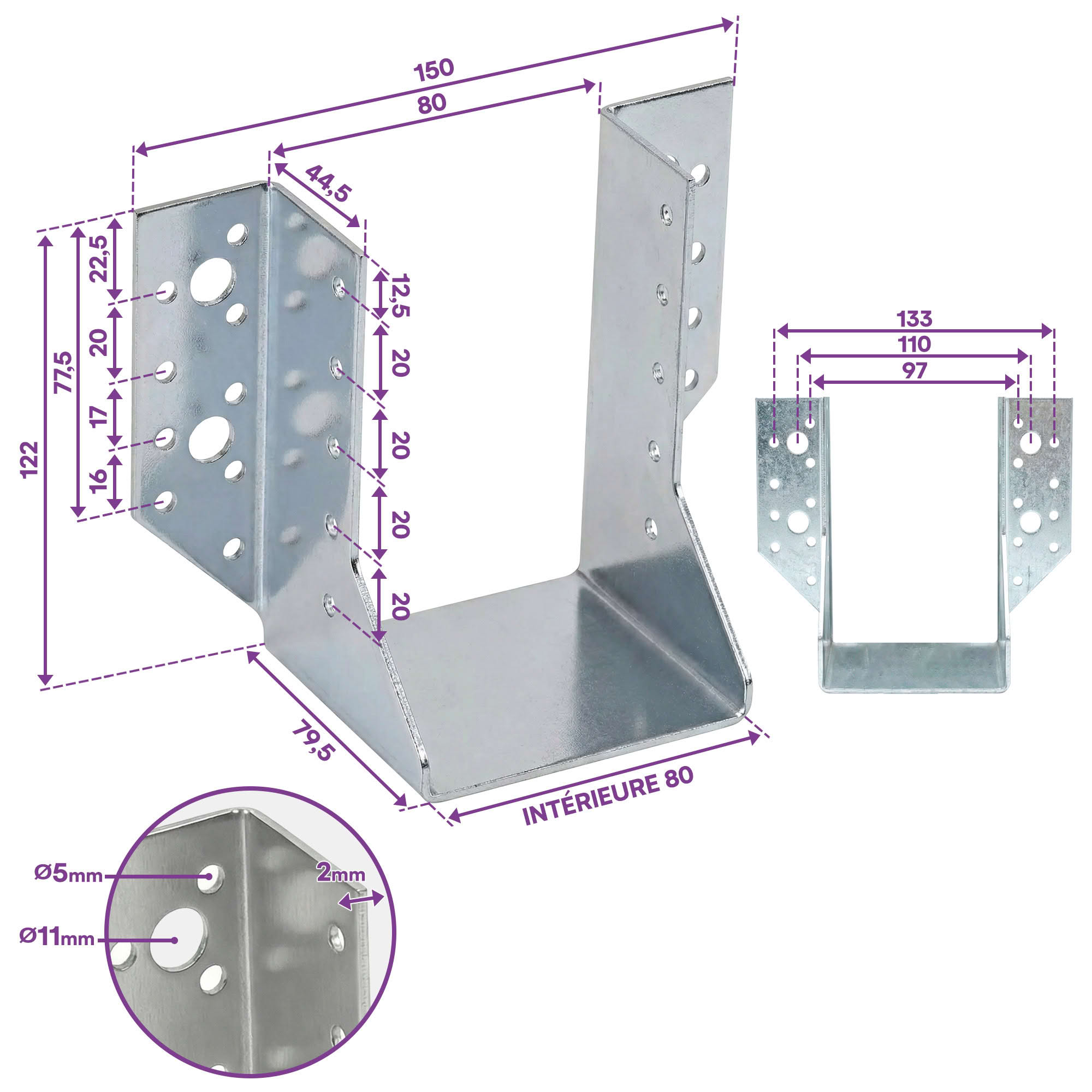 10 Sabots de charpente à ailes extérieures Connecteurs de poutres - Acier galvanisé - Larg 80 x Ht 122 mm - Fabriqué en Europe - 2