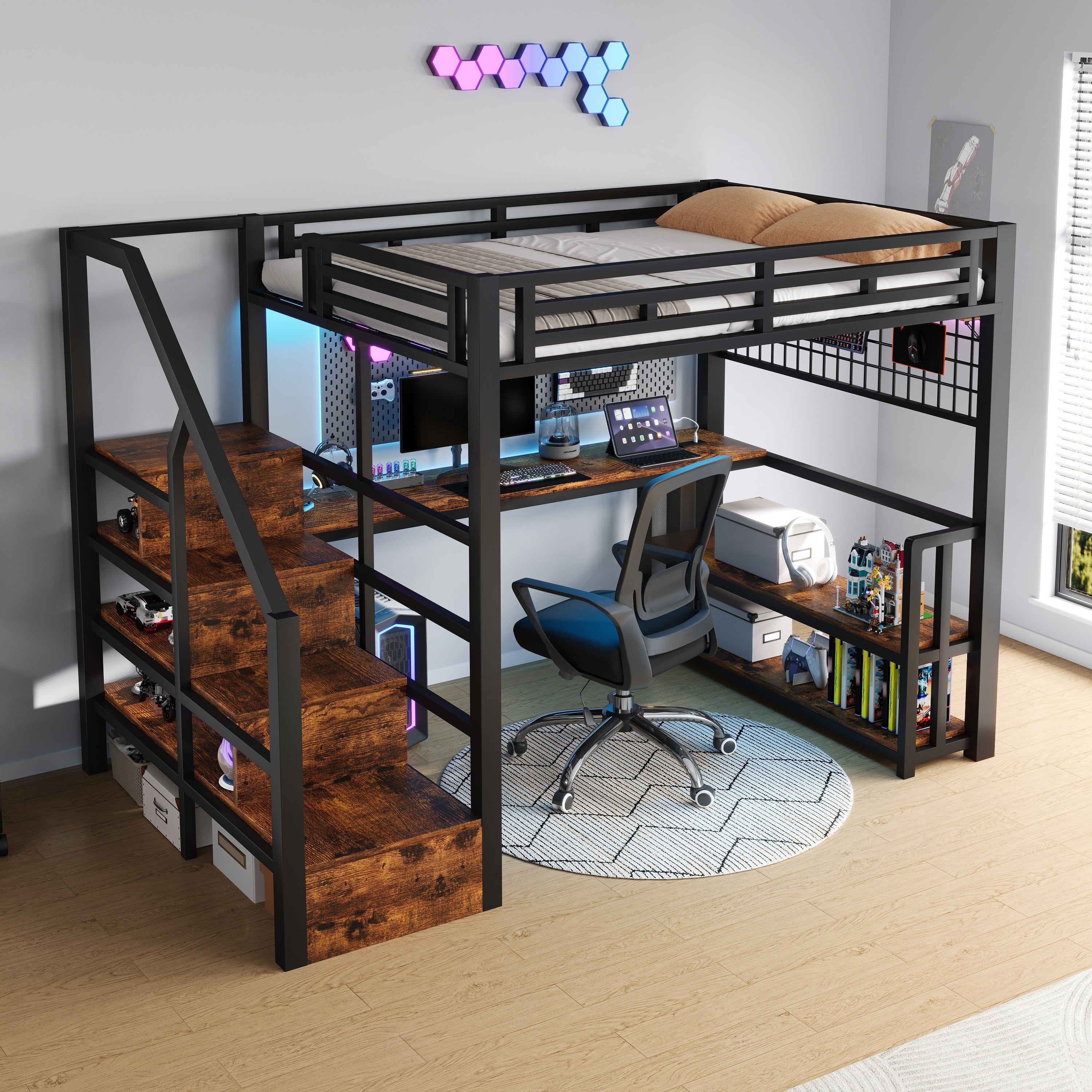 Lit mezzanine 140x200 cm avec bureau, étagères, rangements suspendus, éclairage LED, escalier tiroirs, 2 USB + Type-C, métal, noir - 7