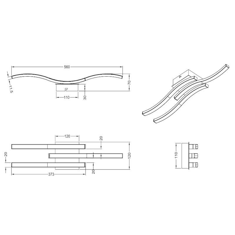 Ruote Plafoniera Moderna Led 3 bacchette Ondulate 4000k Bianca L.54cm - 3