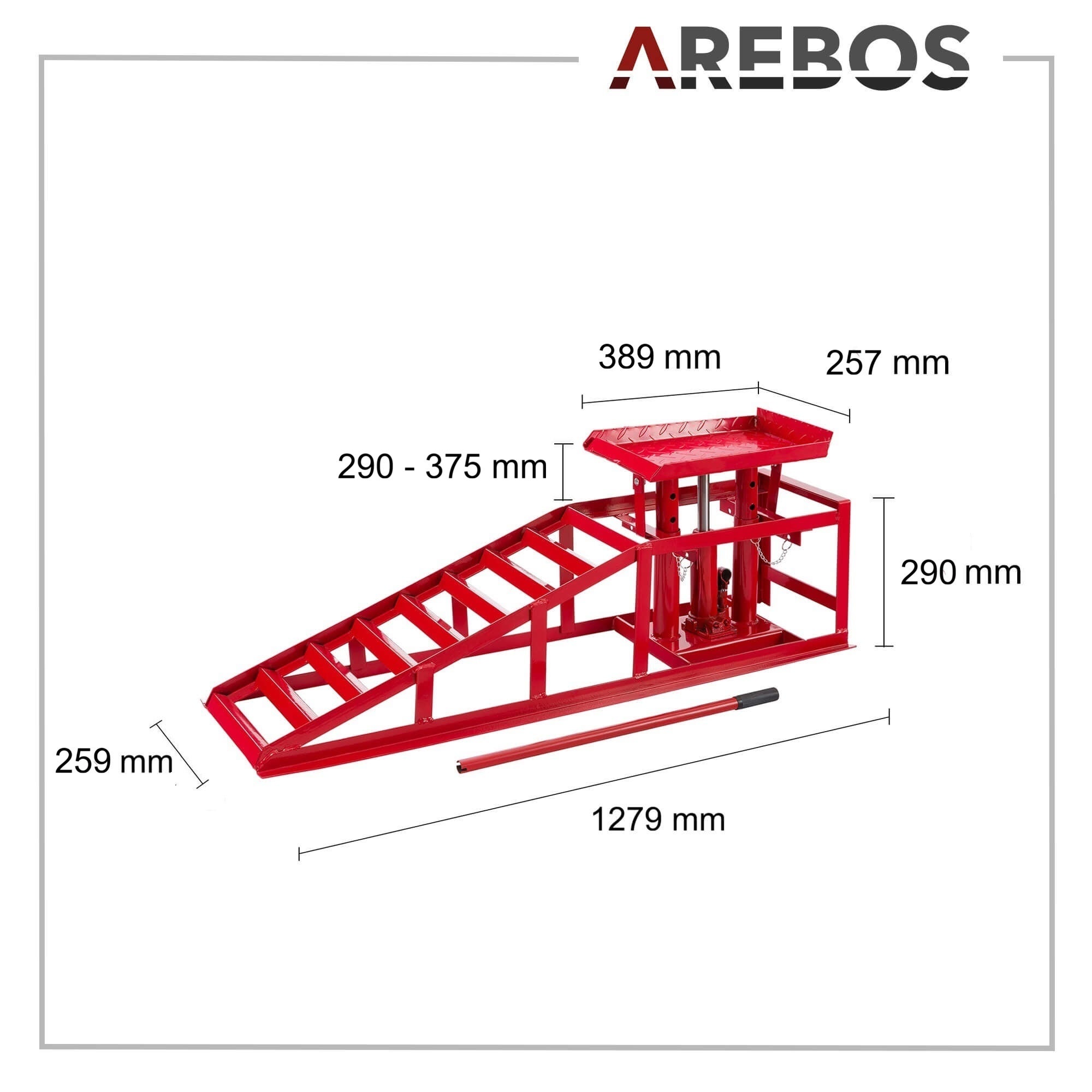 AREBOS Rampa di accesso regolabile 290–375 mm in acciaio robusto con cilindro idraulico, capacità di carico fino a 2000 kg Rosso - 7