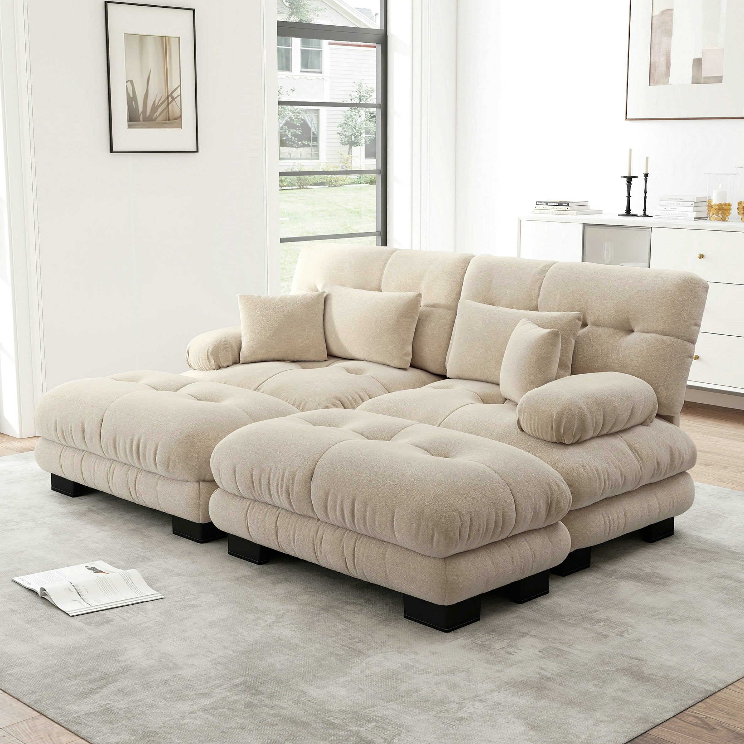 Canapé d\'angle deux places, avec 2 coussins lombaires et 2 coussins décoratifs, avec larges accoudoirs – chenille – marron clair - 4
