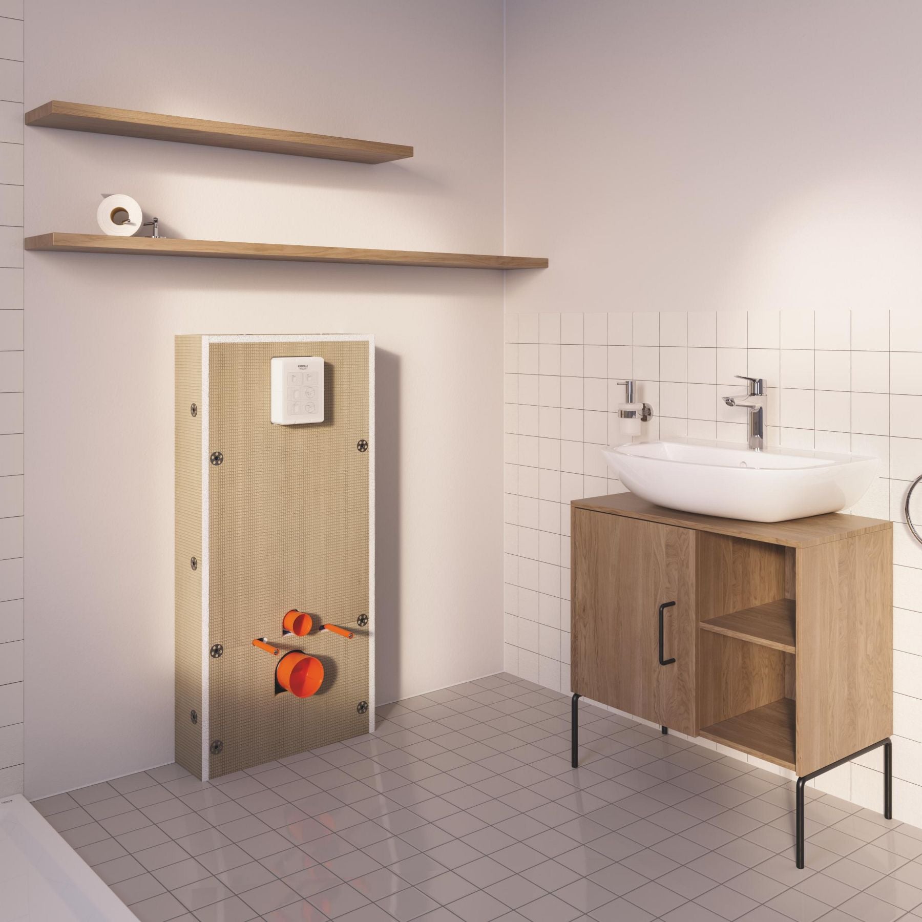 GROHE Pack WC suspendu Solido, cuvette sans bride, plaque de commade chromée, isolant et habillage à carreler - 3