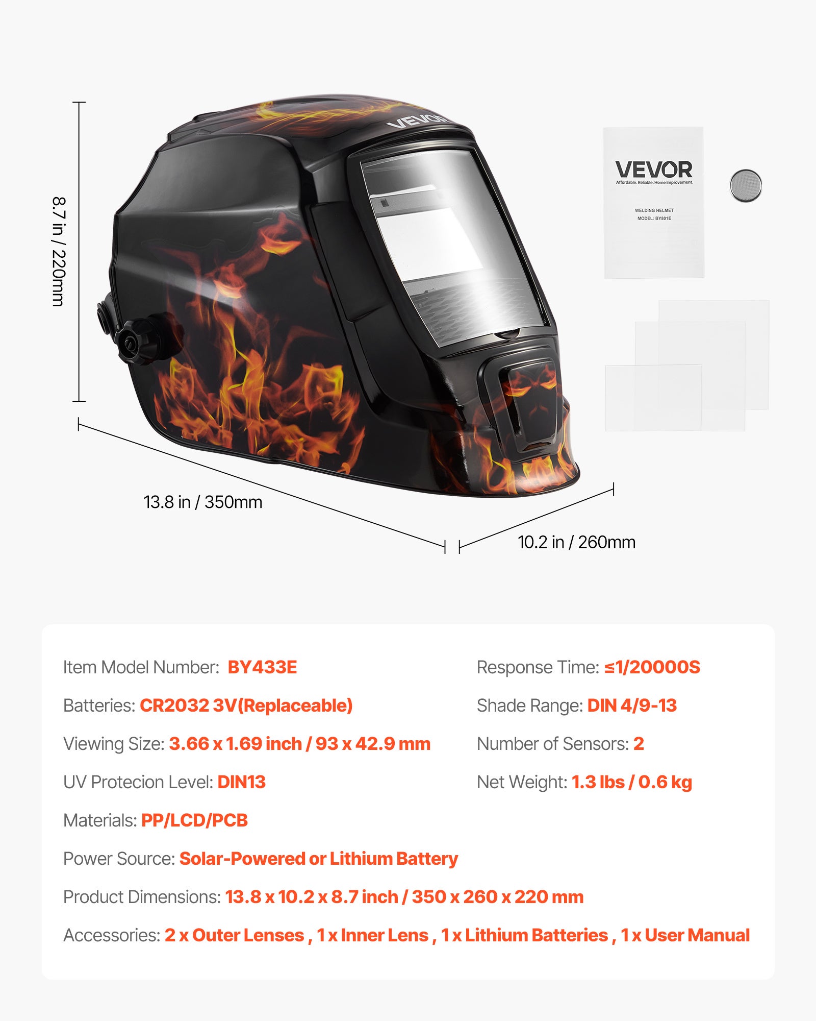 Casque Soudage Solaire VEVOR 93 x 43 mm, avec 2 Capteurs d'Arc, Teinte DIN 4/9-13, pour Soudage TIG MIG ARC, Meulage, Série CRIUS, Motif Flamme Jaune - 7